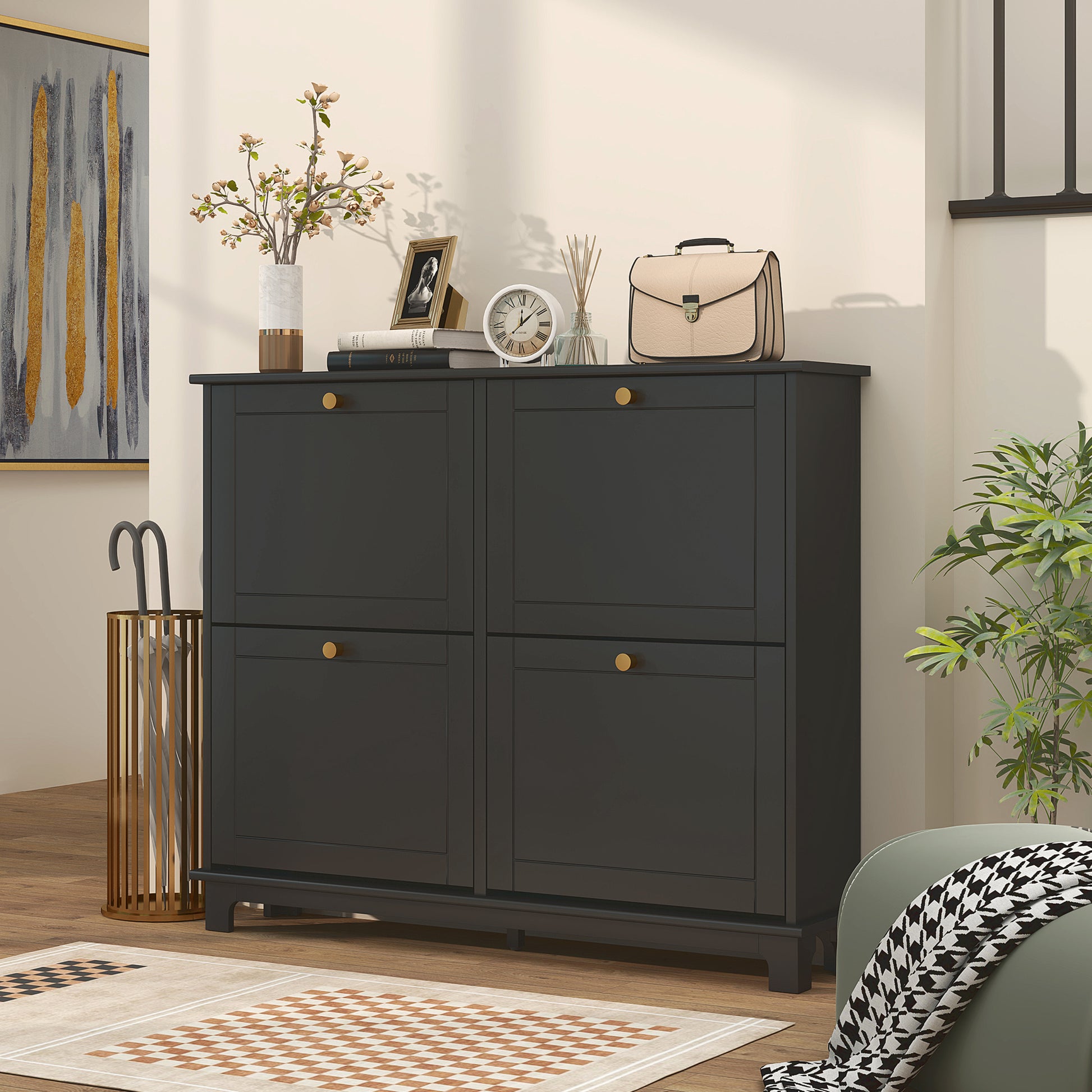 Modern Narrow Shoe Cabinet - 4 Flip Drawers Black-DECOROLALA