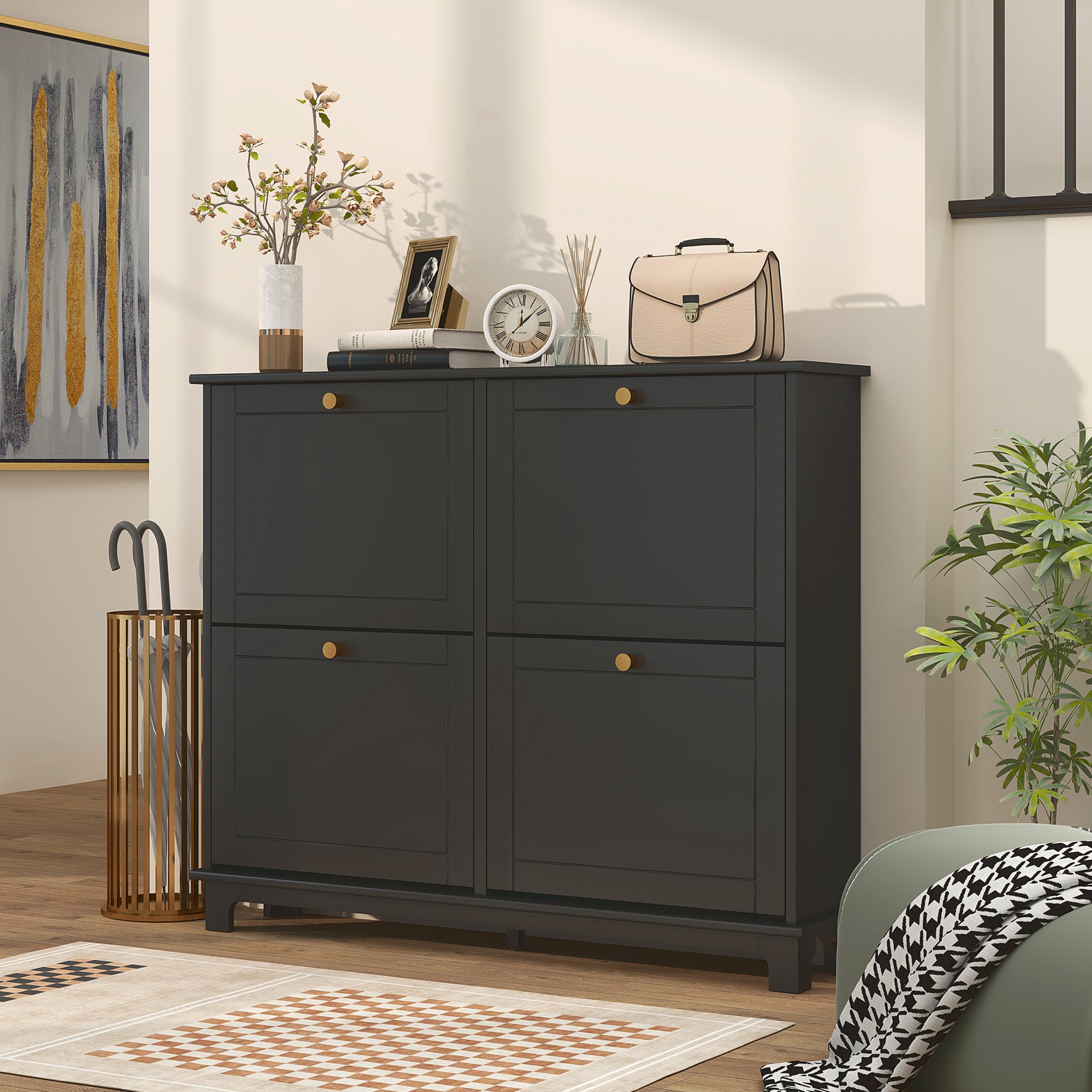 Modern Narrow Shoe Cabinet - 4 Flip Drawers Black-DECOROLALA