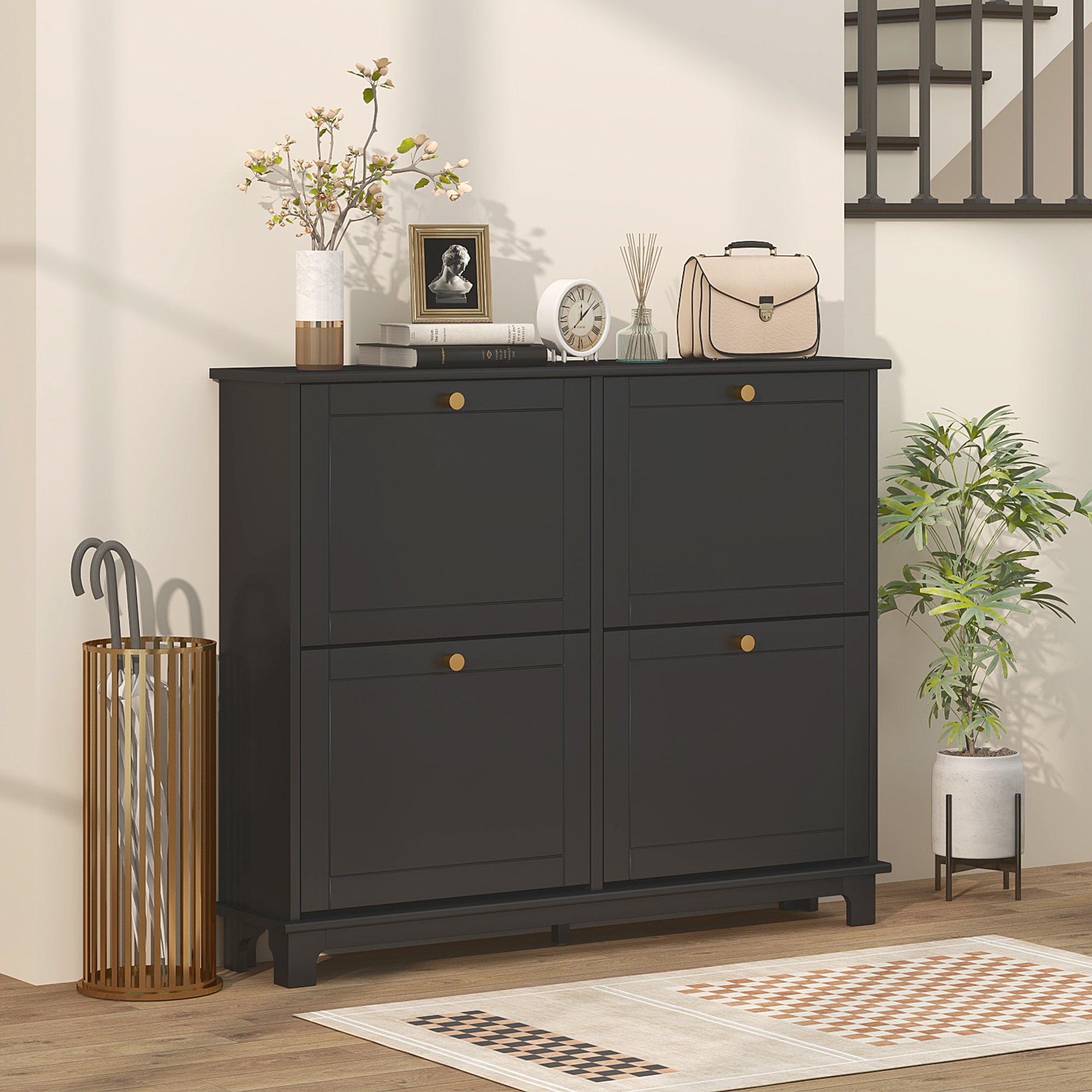 Modern Narrow Shoe Cabinet - 4 Flip Drawers Black-DECOROLALA