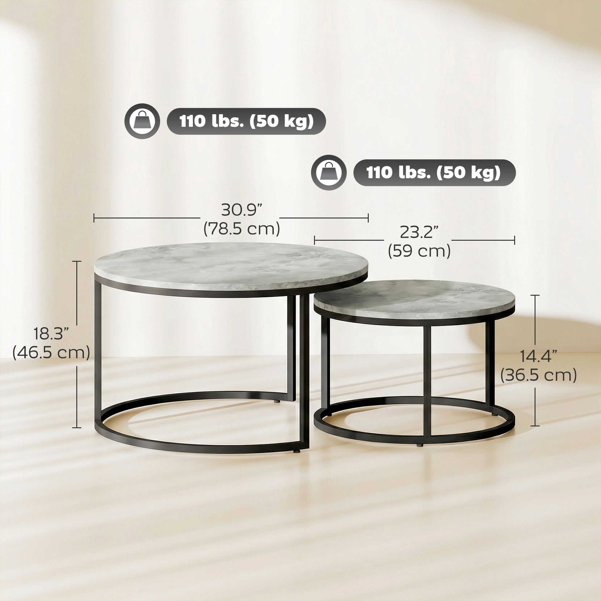 Modern Nesting Coffee Table Set of 2 - Marble Grey-Home Furnishings > Living Room Furniture > Coffee Tables-DECOROLALA