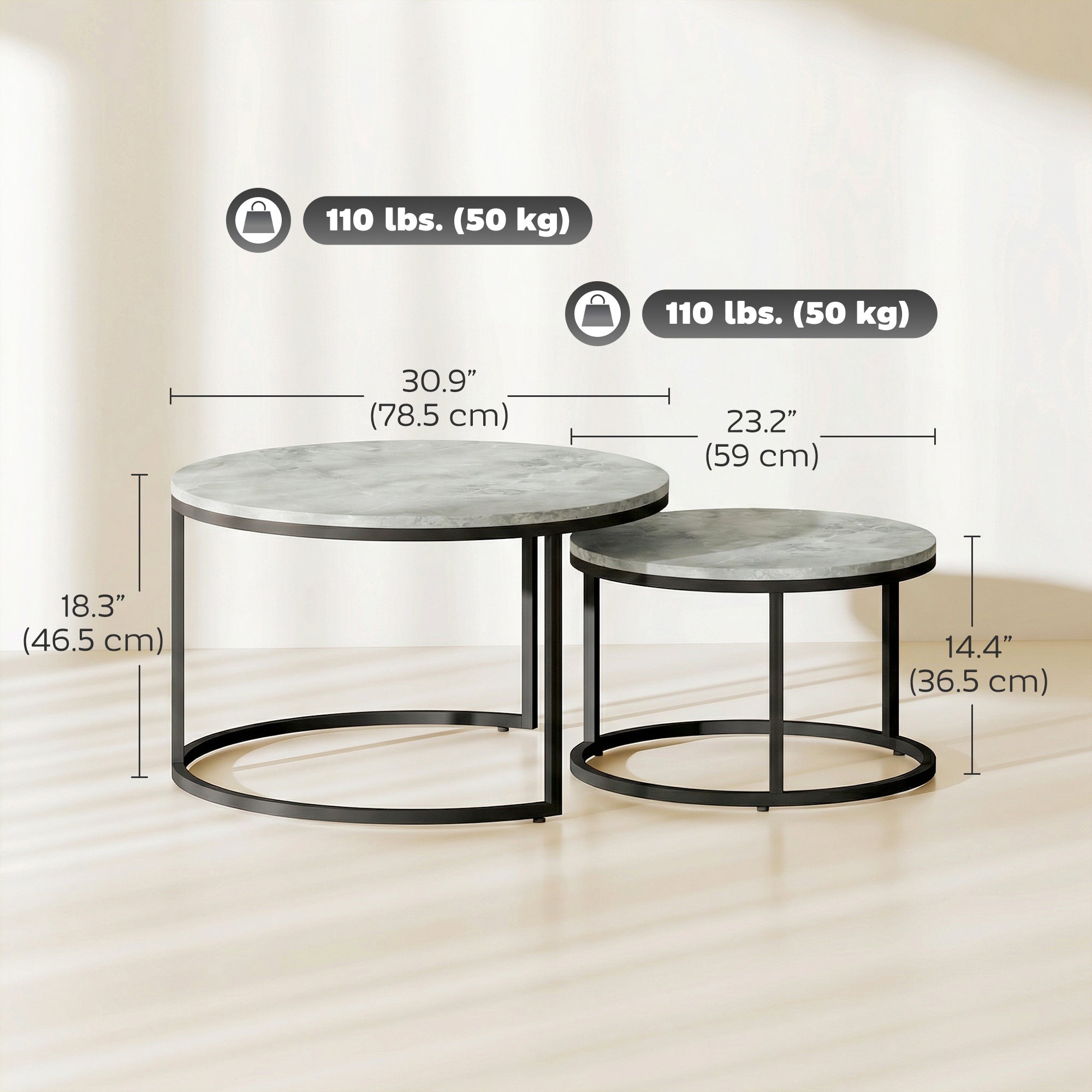 Modern Nesting Coffee Table Set of 2 - Marble Grey-Home Furnishings > Living Room Furniture > Coffee Tables-DECOROLALA