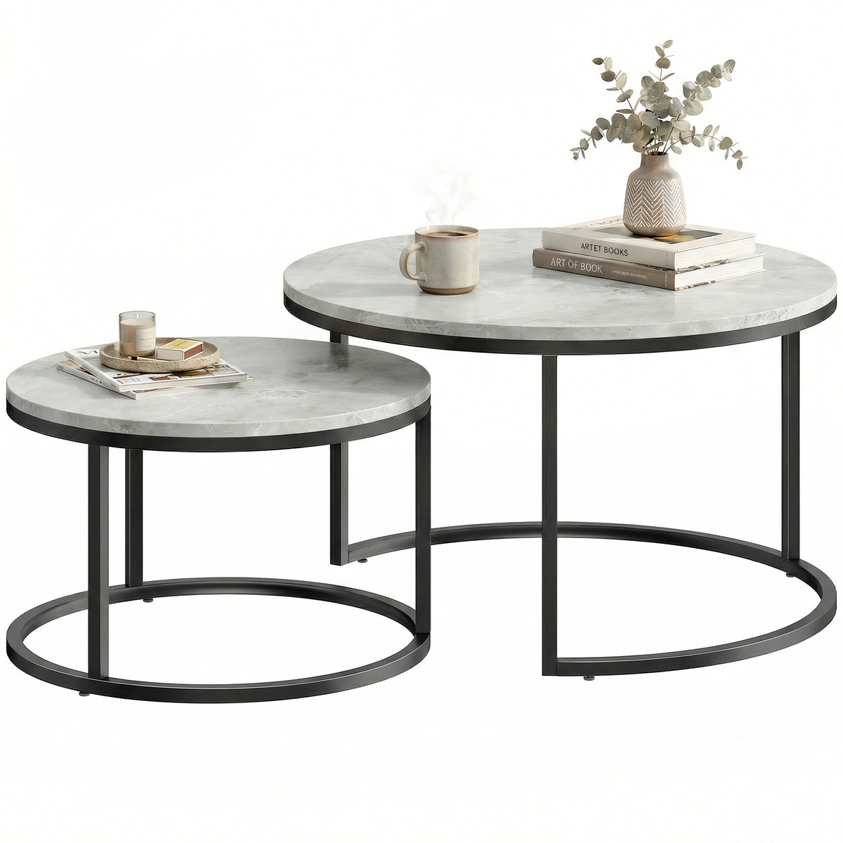 Modern Nesting Coffee Table Set of 2 - Marble Grey-Home Furnishings > Living Room Furniture > Coffee Tables-DECOROLALA