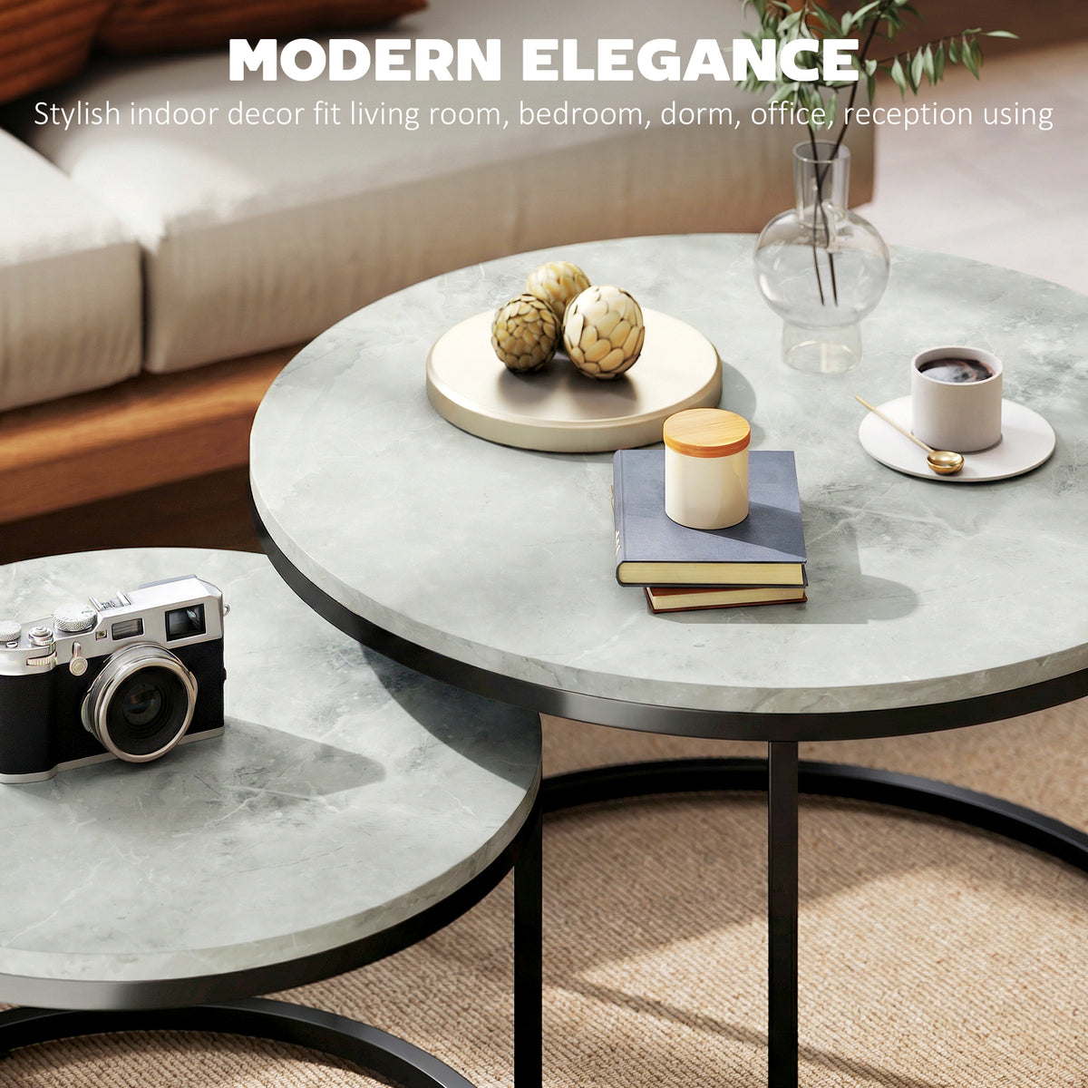Modern Nesting Coffee Table Set of 2 - Marble Grey-Home Furnishings > Living Room Furniture > Coffee Tables-DECOROLALA