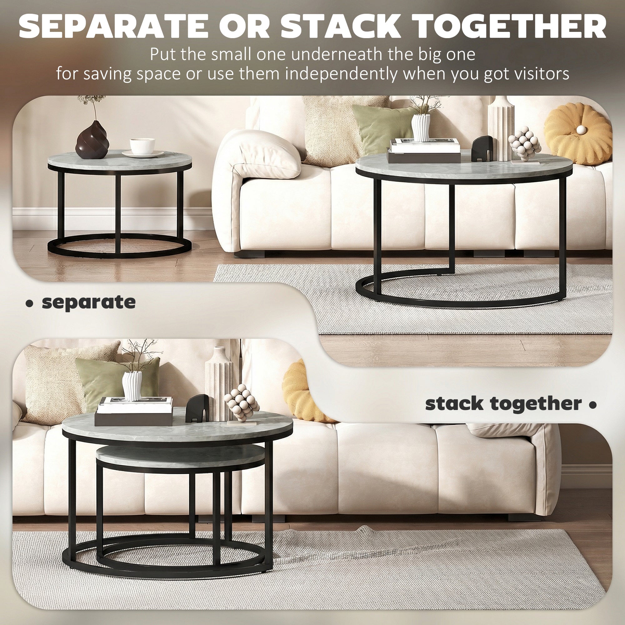 Modern Nesting Coffee Table Set of 2 - Marble Grey-Home Furnishings > Living Room Furniture > Coffee Tables-DECOROLALA