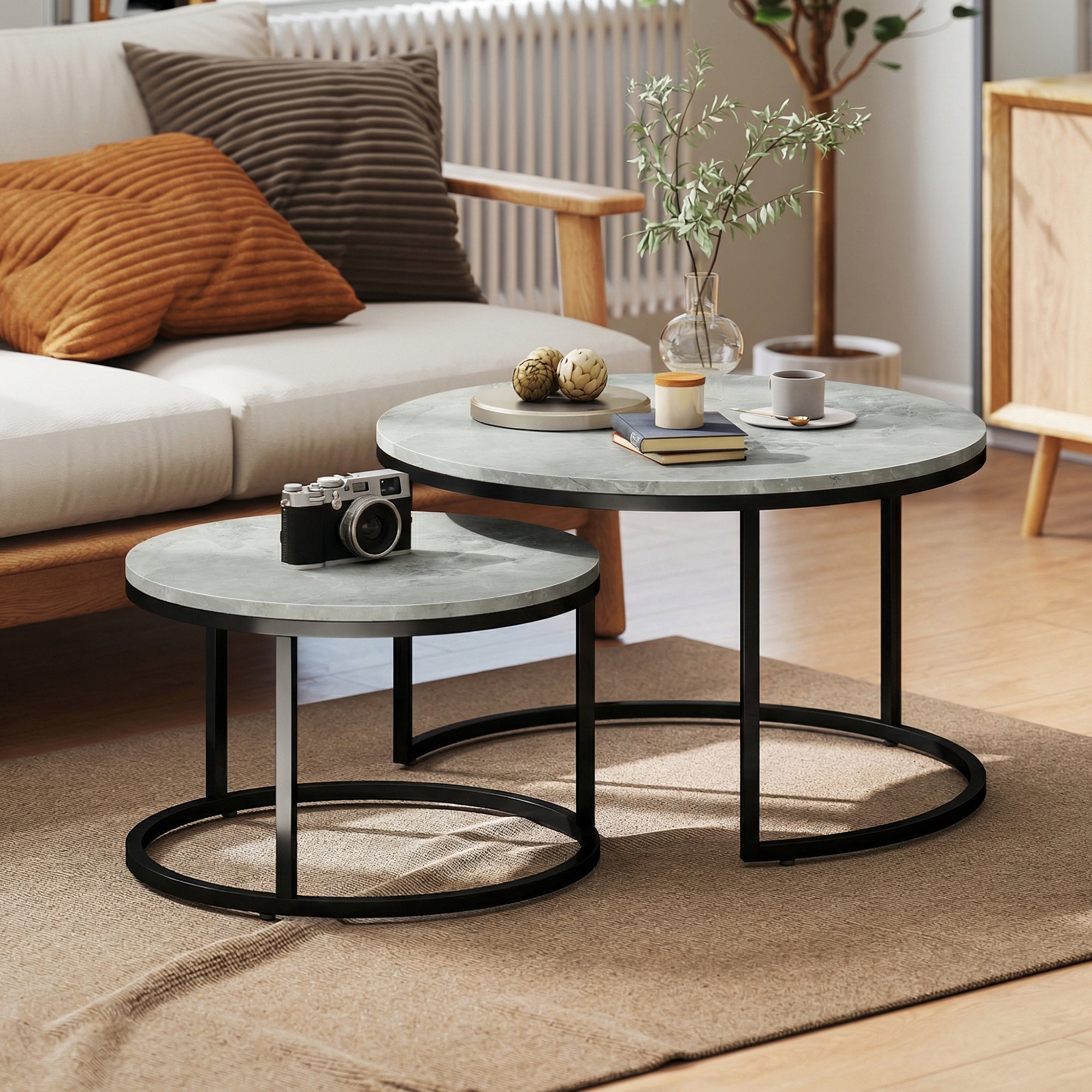 Modern Nesting Coffee Table Set of 2 - Marble Grey-Home Furnishings > Living Room Furniture > Coffee Tables-DECOROLALA