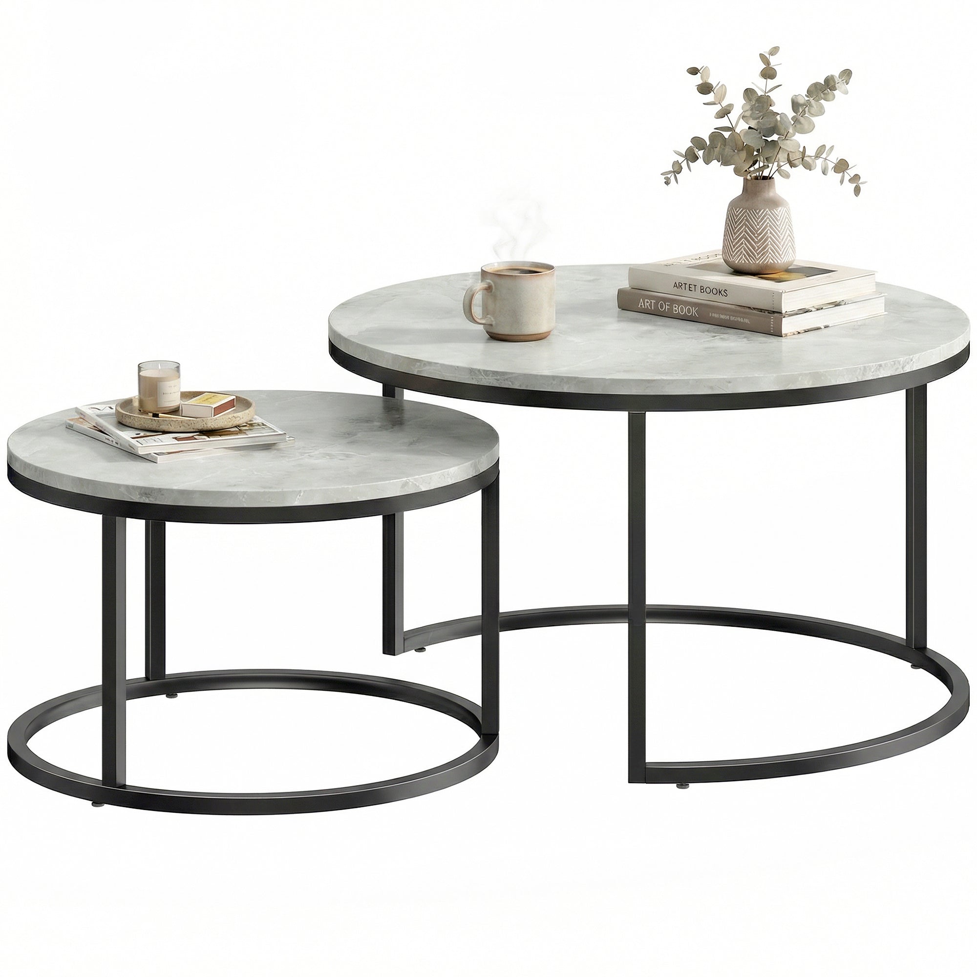 Modern Nesting Coffee Table Set of 2 - Marble Grey-Home Furnishings > Living Room Furniture > Coffee Tables-DECOROLALA