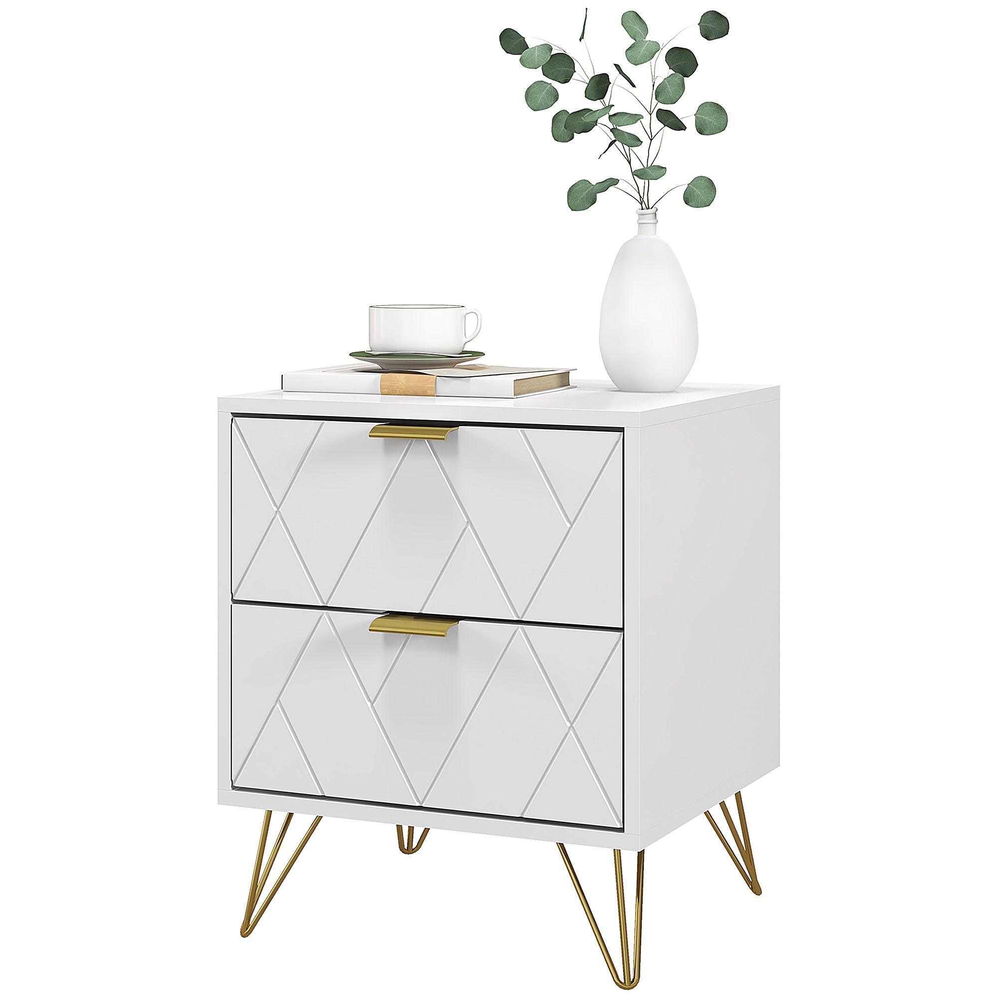 Modern Nightstand - 2 Drawer Bedside Table White/Gold-Home Furnishings > Bedroom Furniture > Bedside Tables-DECOROLALA