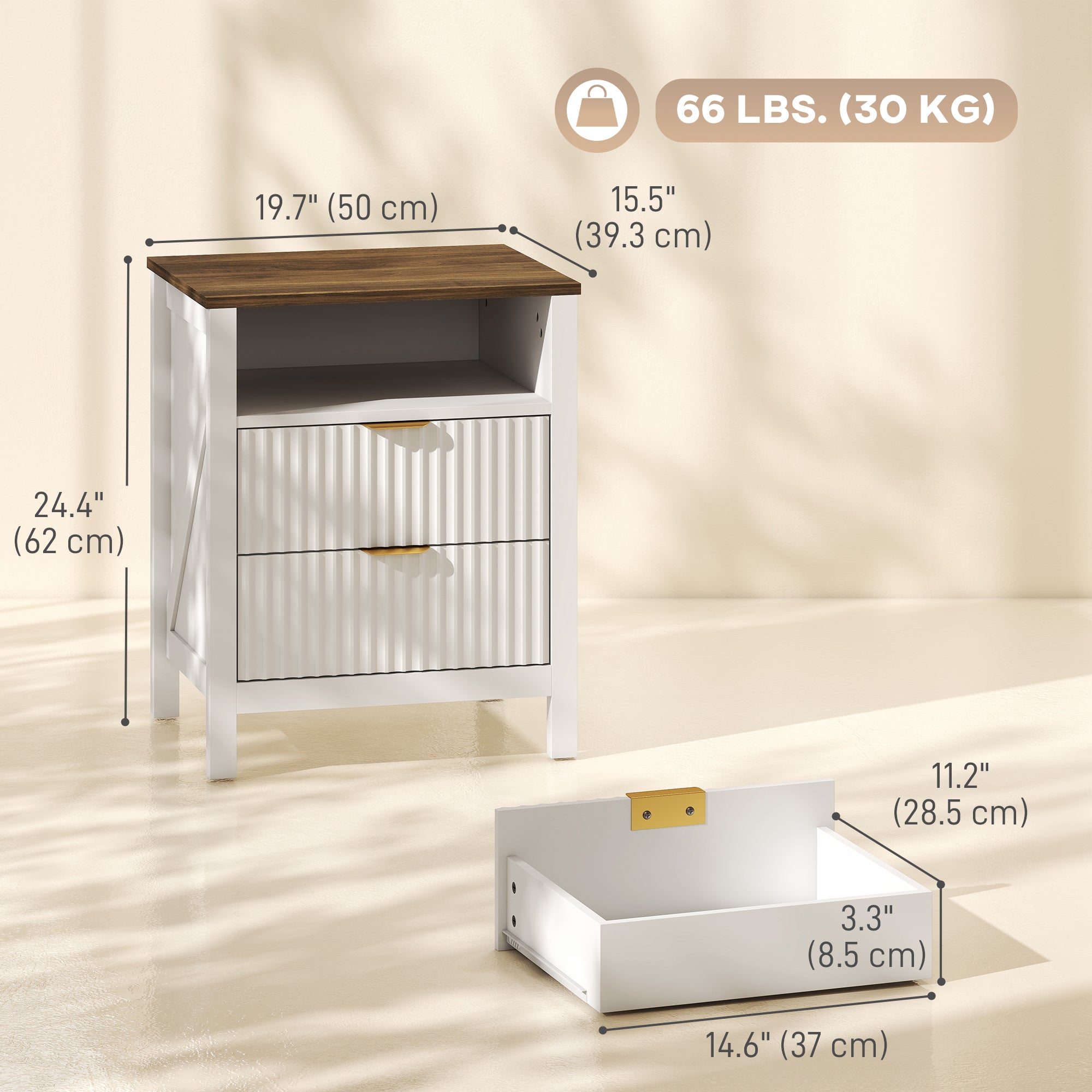 Modern Nightstand - 2 Fluted Drawers White and Walnut-Home Furnishings > Bedroom Furniture > Bedside Tables-DECOROLALA