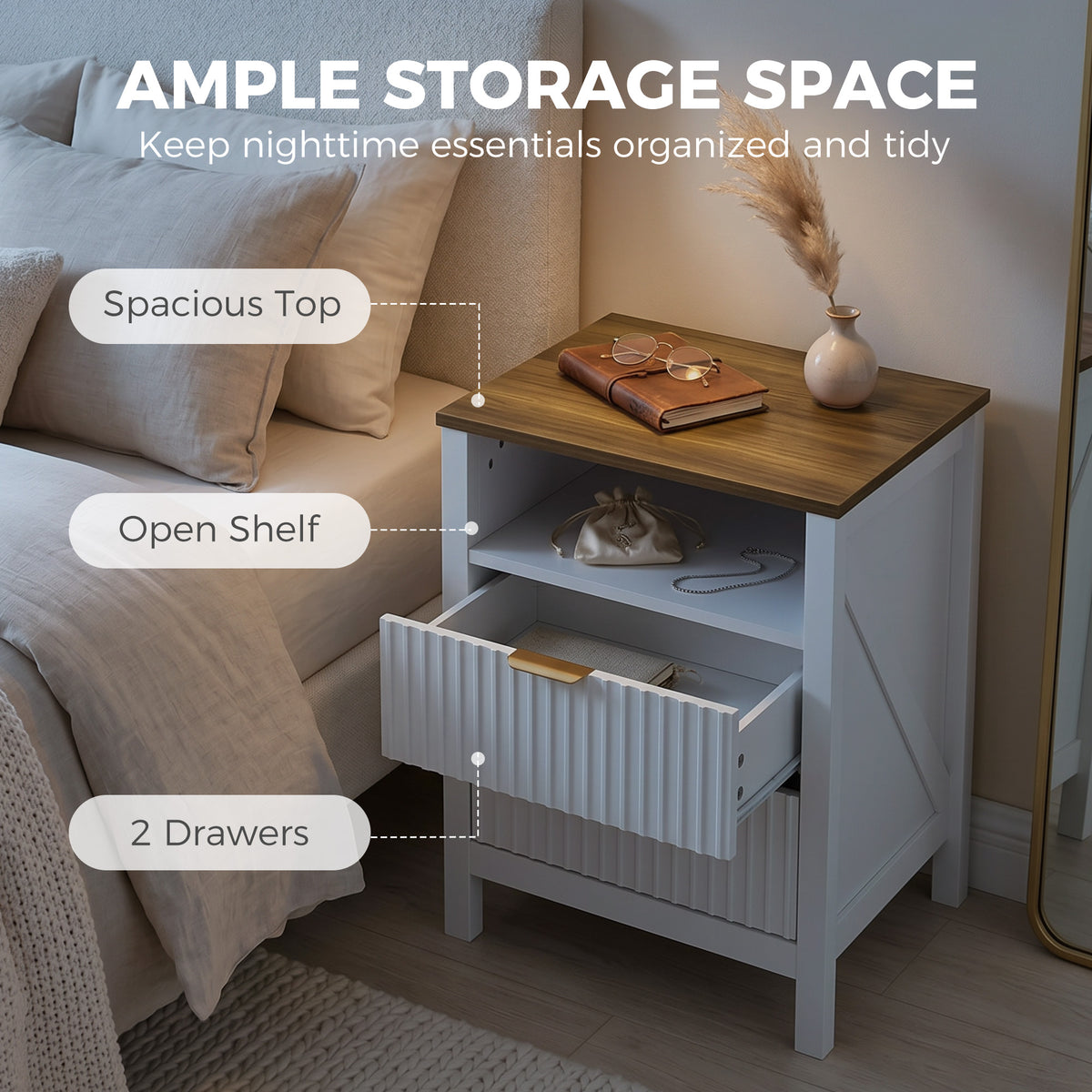 Modern Nightstand - 2 Fluted Drawers White and Walnut-Home Furnishings > Bedroom Furniture > Bedside Tables-DECOROLALA