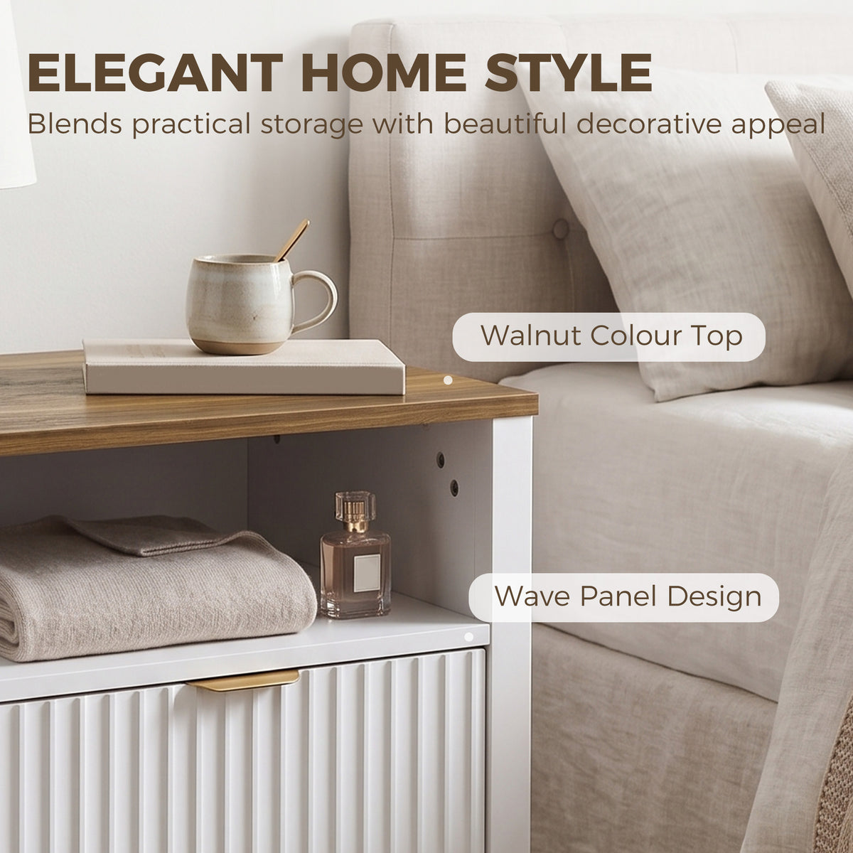 Modern Nightstand - 2 Fluted Drawers White and Walnut-Home Furnishings > Bedroom Furniture > Bedside Tables-DECOROLALA