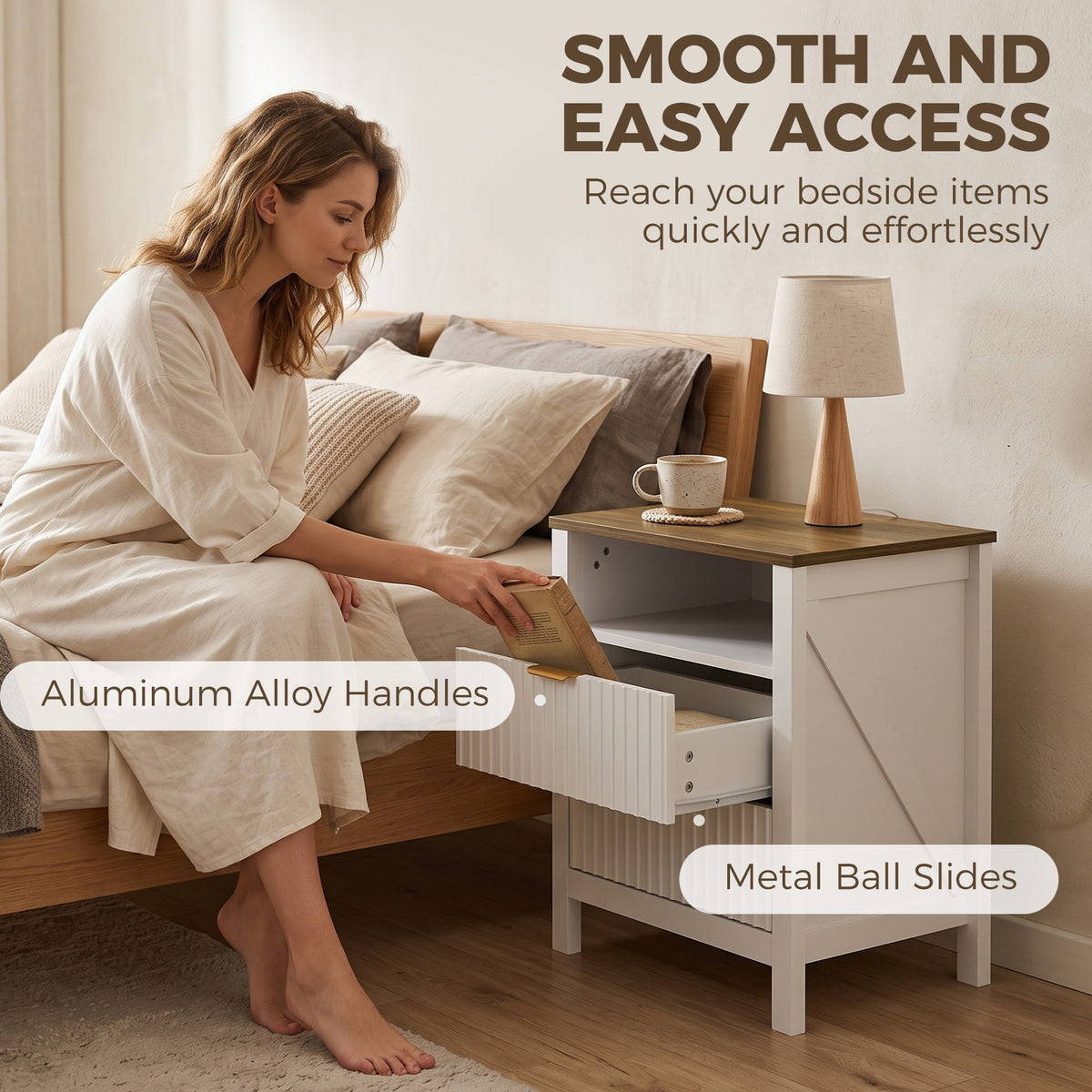 Modern Nightstand - 2 Fluted Drawers White and Walnut-Home Furnishings > Bedroom Furniture > Bedside Tables-DECOROLALA