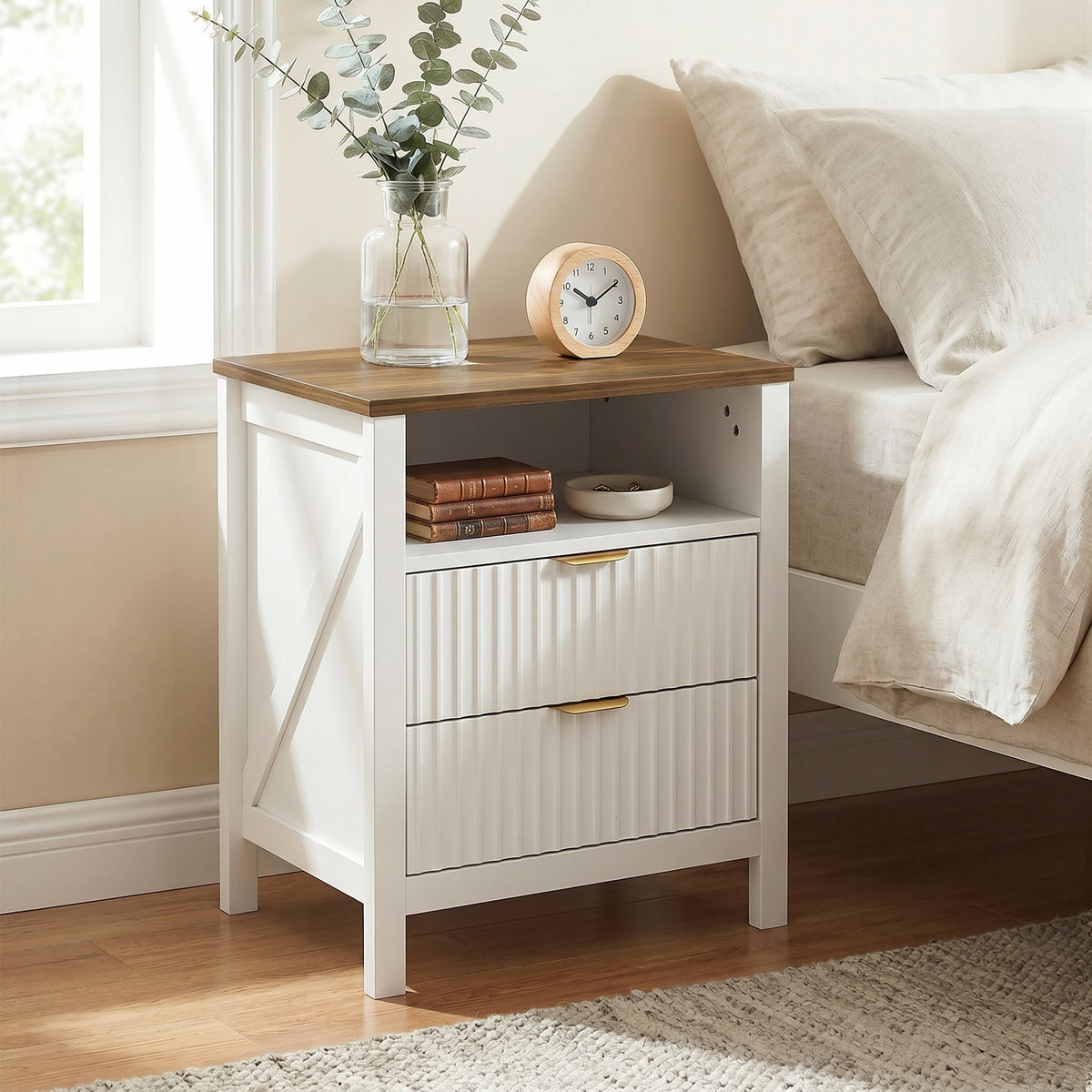 Modern Nightstand - 2 Fluted Drawers White and Walnut-Home Furnishings > Bedroom Furniture > Bedside Tables-DECOROLALA