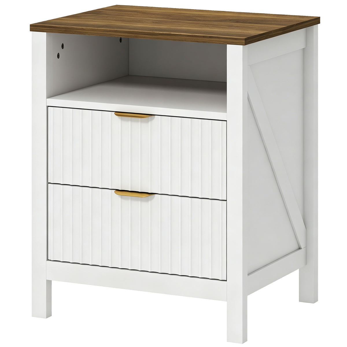 Modern Nightstand - 2 Fluted Drawers White and Walnut-Home Furnishings > Bedroom Furniture > Bedside Tables-DECOROLALA