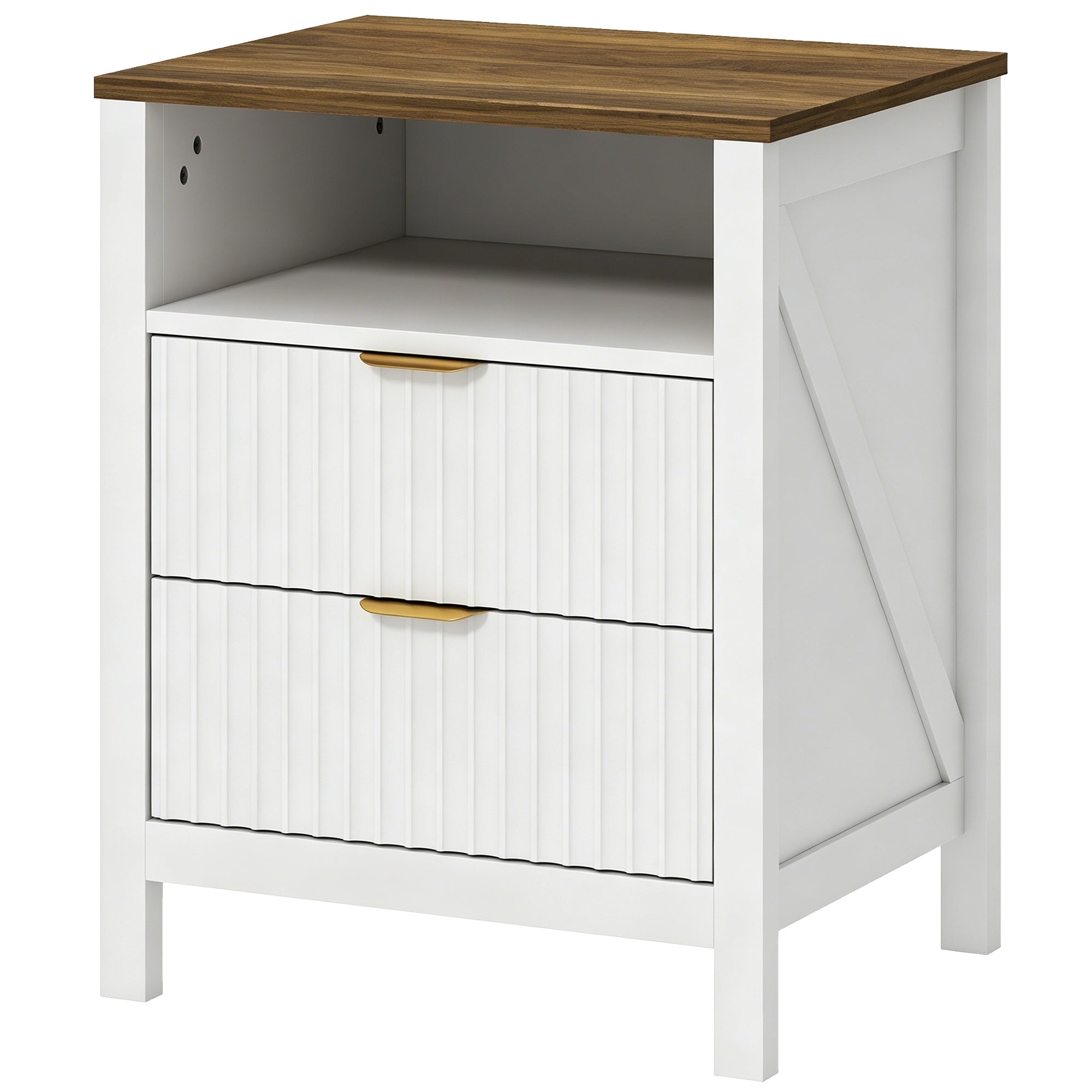 Modern Nightstand - 2 Fluted Drawers White and Walnut-Home Furnishings > Bedroom Furniture > Bedside Tables-DECOROLALA
