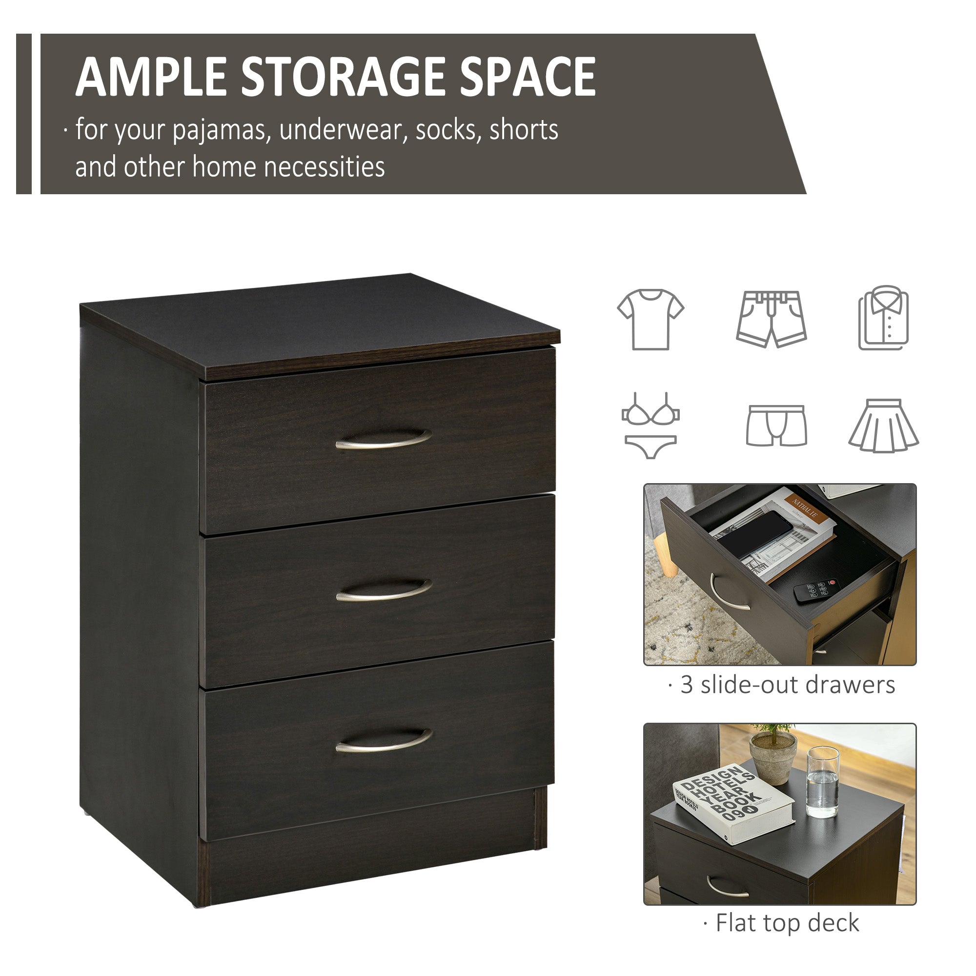 Modern Nightstand - 3 Drawers Bedside Table Dark Brown-Home Furnishings > Bedroom Furniture > Bedside Tables-DECOROLALA