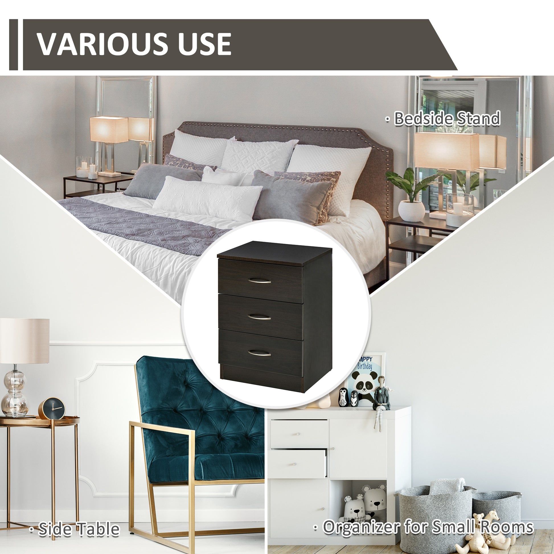 Modern Nightstand - 3 Drawers Bedside Table Dark Brown-Home Furnishings > Bedroom Furniture > Bedside Tables-DECOROLALA