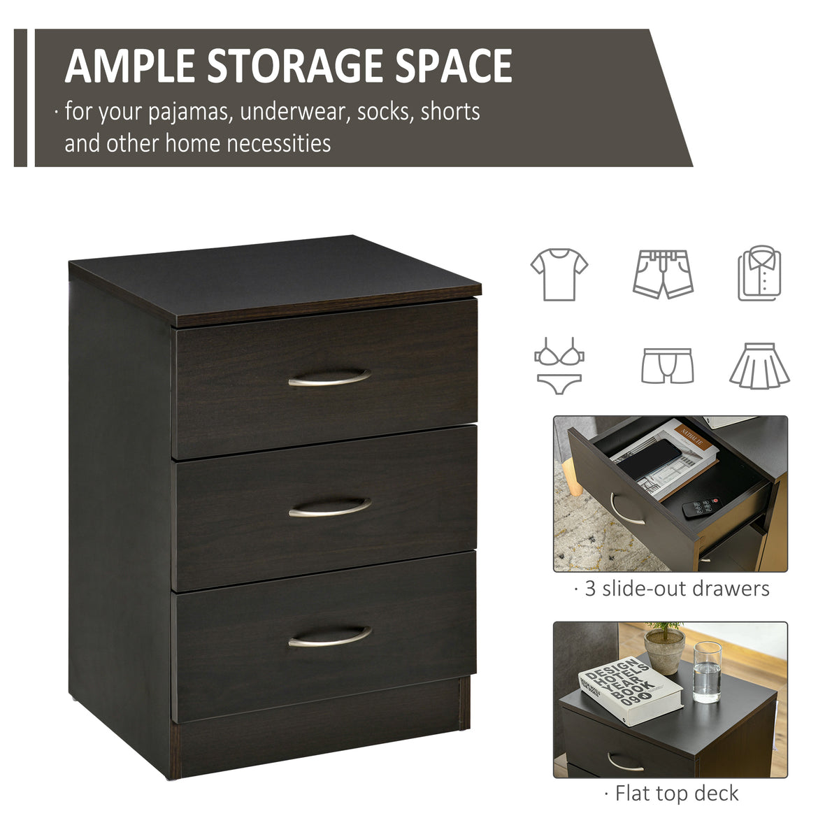 Modern Nightstand - 3 Drawers Bedside Table Dark Brown-Home Furnishings > Bedroom Furniture > Bedside Tables-DECOROLALA