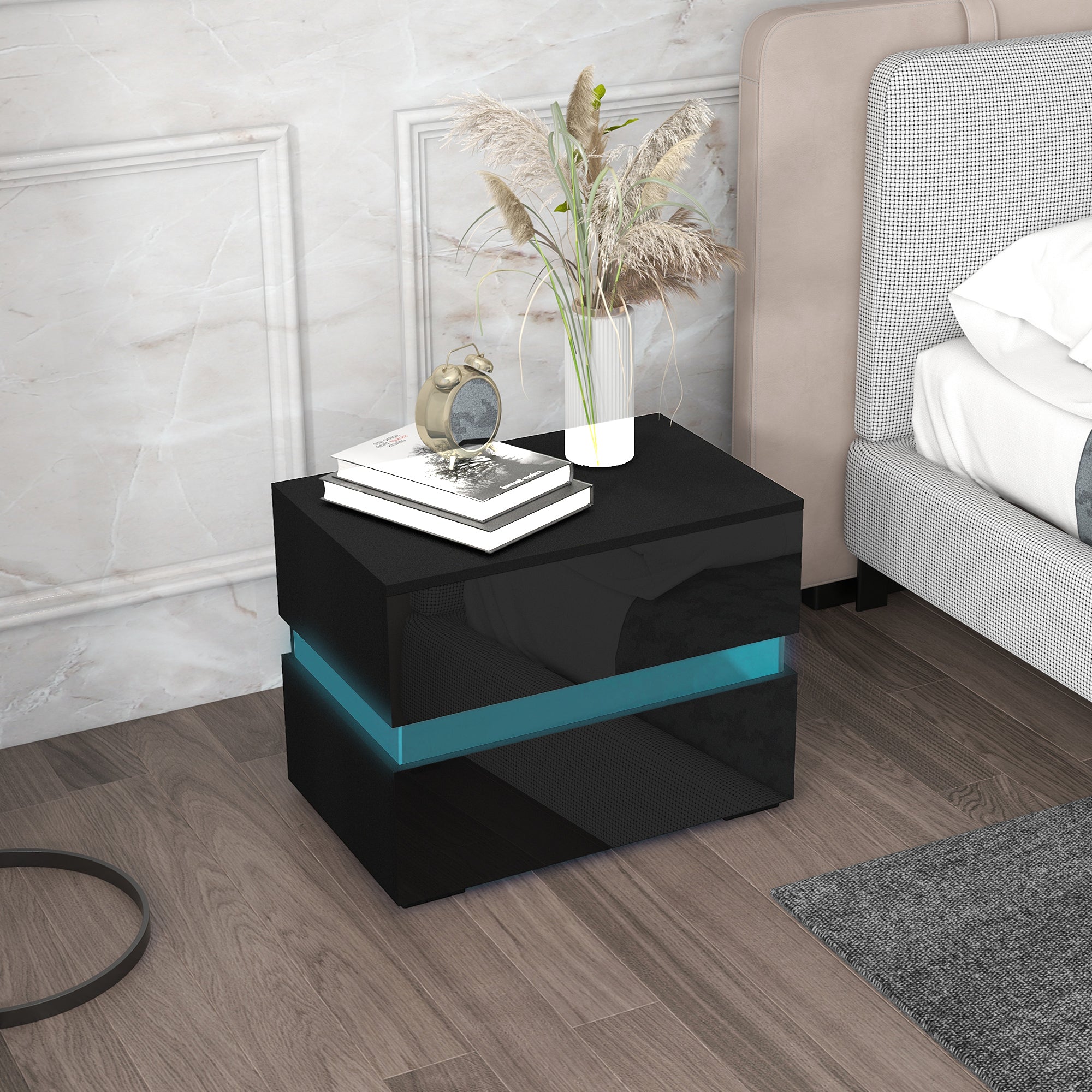 Modern Nightstand, Bedside Table with 2 Drawers, RGB LED Lights for Bedroom, Black-Home Furnishings > Bedroom Furniture > Bedside Tables-DECOROLALA