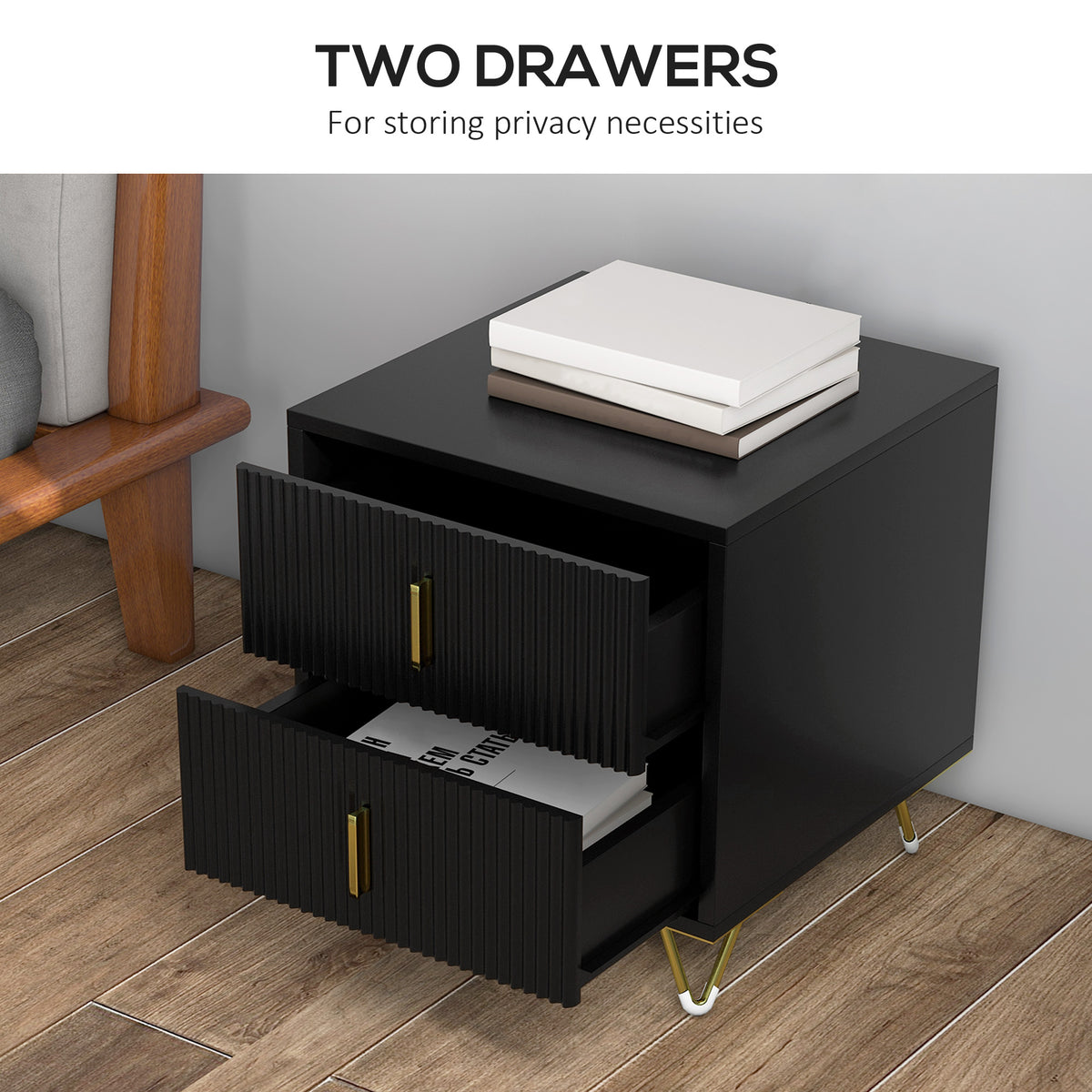 Modern Nightstand - Black 2-Drawer Bedside Table with Gold Legs-Nightstands-DECOROLALA