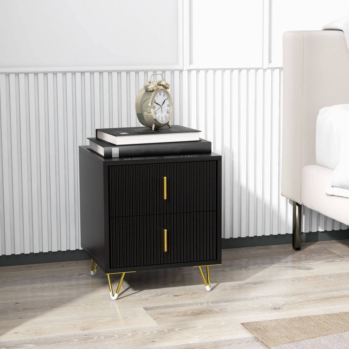 Modern Nightstand - Black 2-Drawer Bedside Table with Gold Legs-Nightstands-DECOROLALA