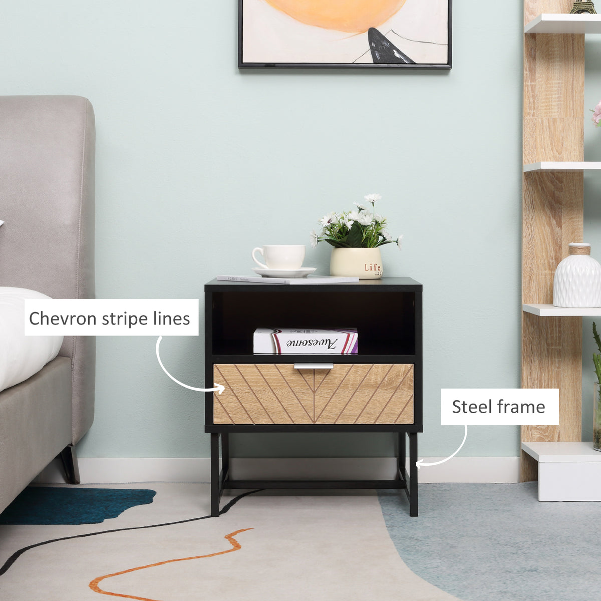 Modern Nightstand - Herringbone Black and Oak Side Table-Home Furnishings > Bedroom Furniture > Bedside Tables-DECOROLALA