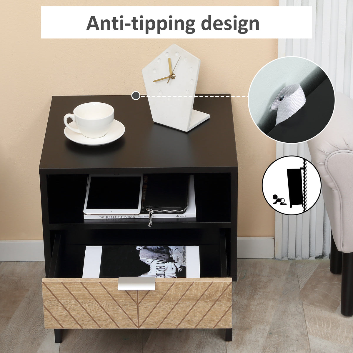 Modern Nightstand - Herringbone Black and Oak Side Table-Home Furnishings > Bedroom Furniture > Bedside Tables-DECOROLALA