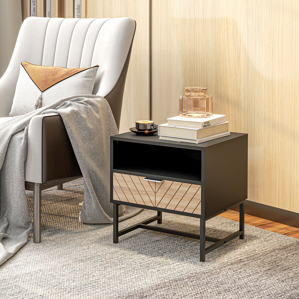 Modern Nightstand - Herringbone Black and Oak Side Table-Home Furnishings > Bedroom Furniture > Bedside Tables-DECOROLALA
