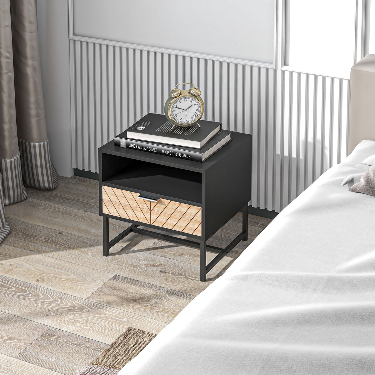 Modern Nightstand - Herringbone Black and Oak Side Table-Home Furnishings > Bedroom Furniture > Bedside Tables-DECOROLALA