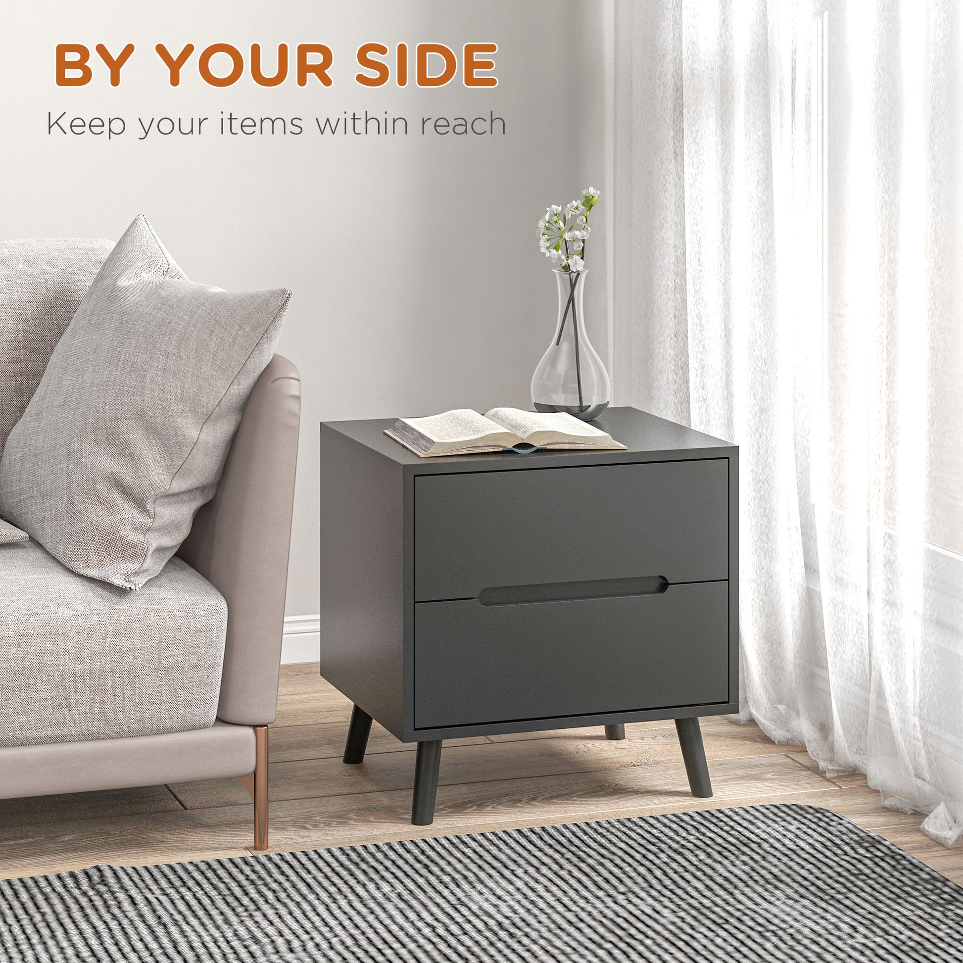 Modern Nightstand, Night Table with 2 Drawers, Bed End Table with Solid Wood Legs for Bedroom-Home Furnishings > Bedroom Furniture > Bedside Tables-DECOROLALA