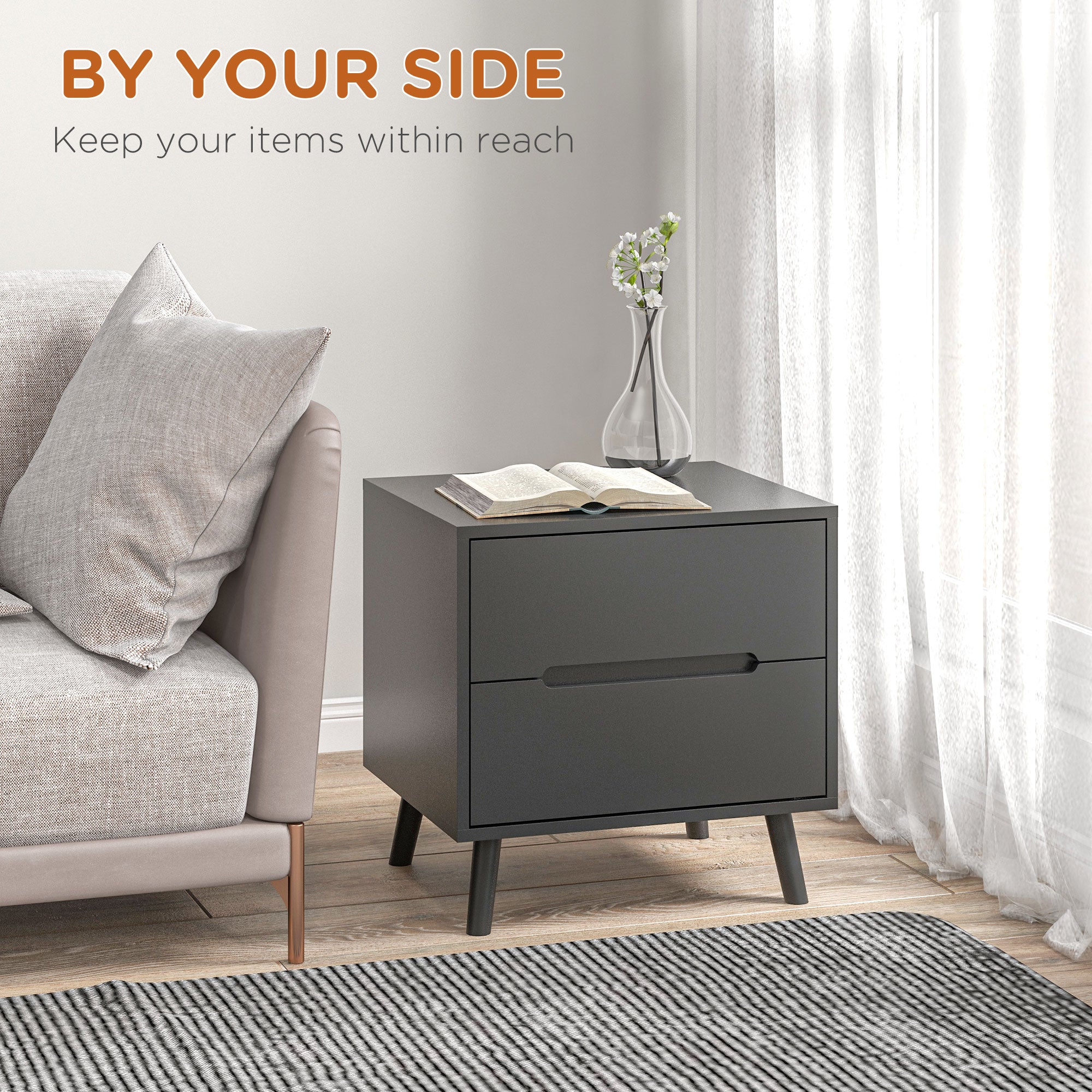 Modern Nightstand, Night Table with 2 Drawers, Bed End Table with Solid Wood Legs for Bedroom-Home Furnishings > Bedroom Furniture > Bedside Tables-DECOROLALA