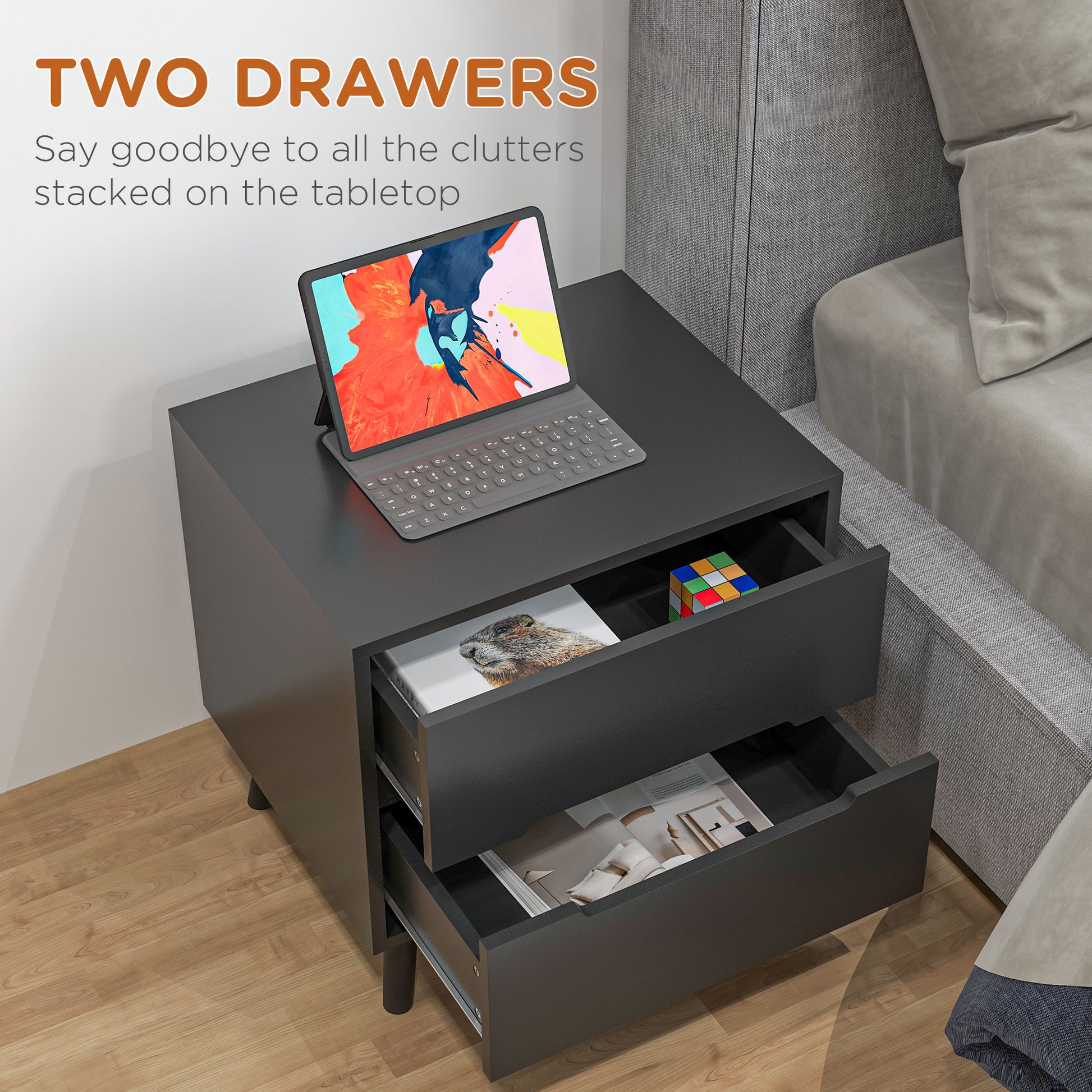Modern Nightstand, Night Table with 2 Drawers, Bed End Table with Solid Wood Legs for Bedroom-Home Furnishings > Bedroom Furniture > Bedside Tables-DECOROLALA