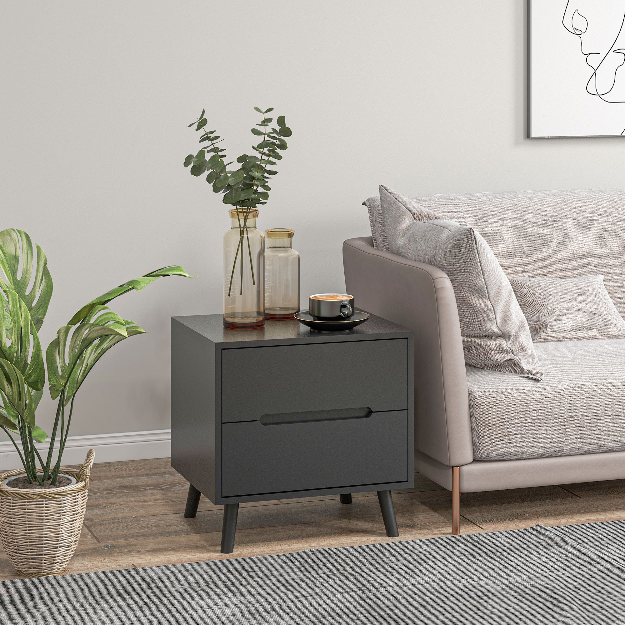 Modern Nightstand, Night Table with 2 Drawers, Bed End Table with Solid Wood Legs for Bedroom-Home Furnishings > Bedroom Furniture > Bedside Tables-DECOROLALA
