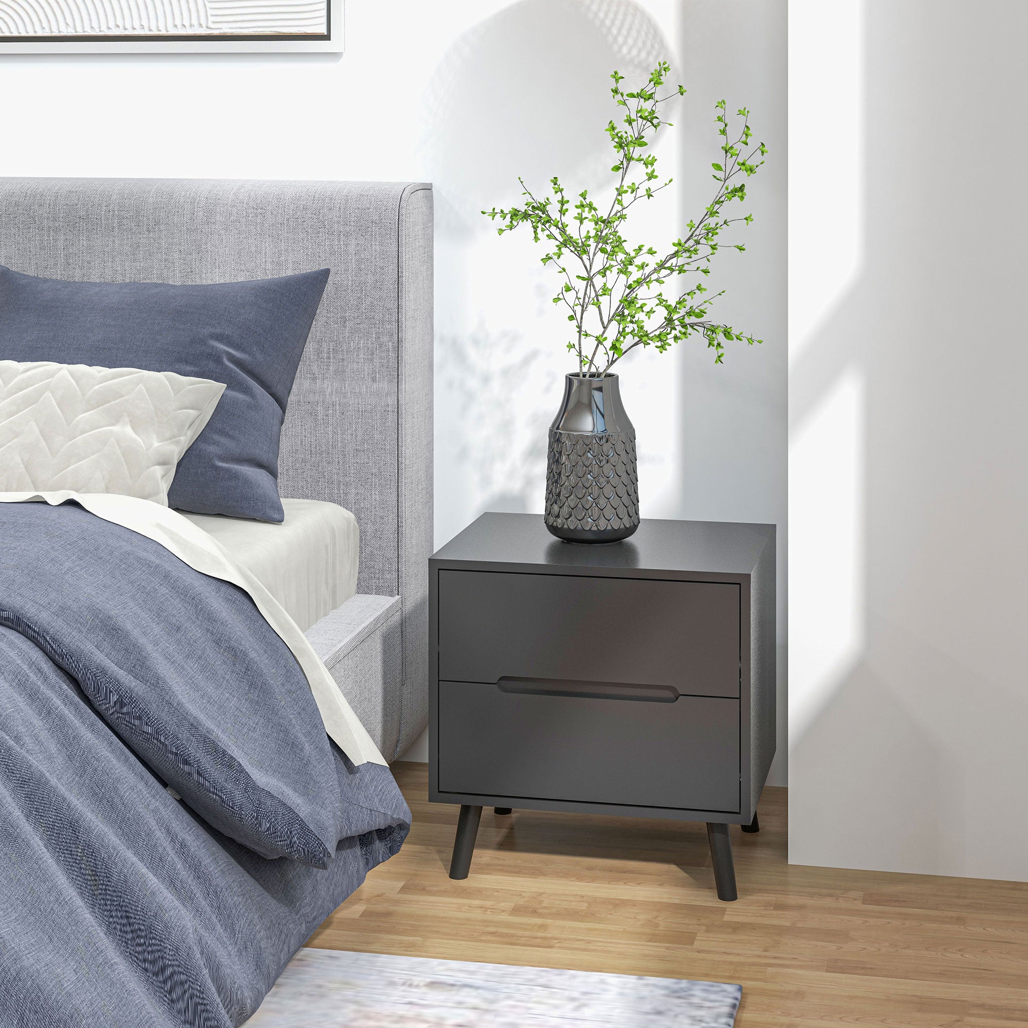Modern Nightstand, Night Table with 2 Drawers, Bed End Table with Solid Wood Legs for Bedroom-Home Furnishings > Bedroom Furniture > Bedside Tables-DECOROLALA