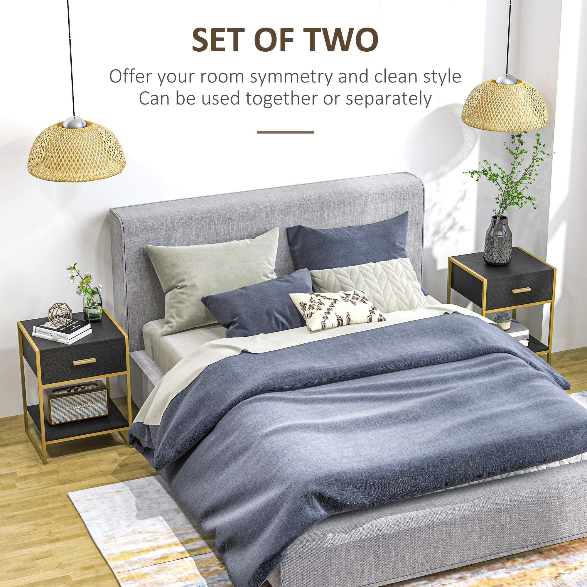 Modern Nightstand Set Of 2, Small Bedside Table with Drawer, Shelf and Steel Frame for Bedroom, Black-Home Furnishings > Bedroom Furniture > Bedside Tables-DECOROLALA