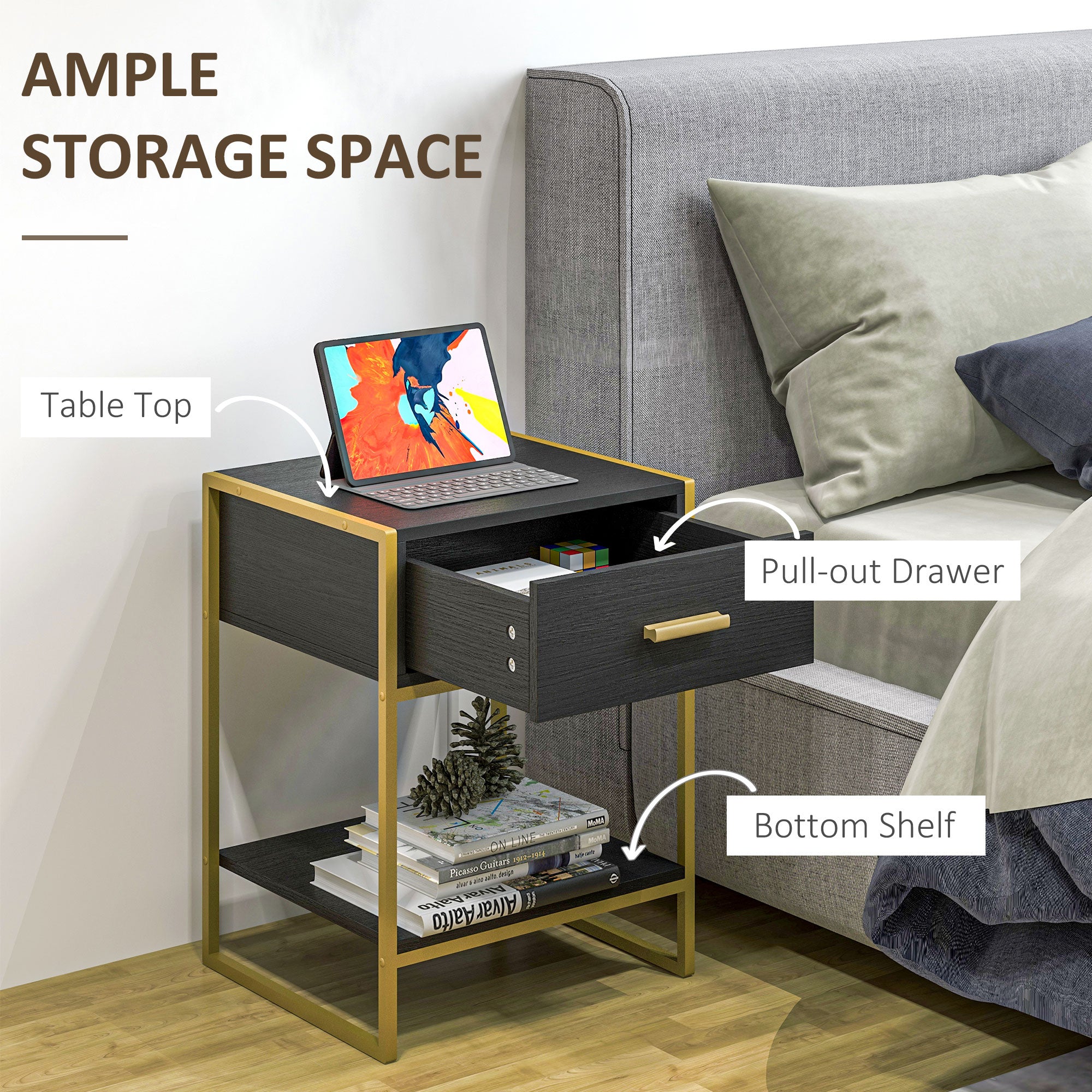 Modern Nightstand Set Of 2, Small Bedside Table with Drawer, Shelf and Steel Frame for Bedroom, Black-Home Furnishings > Bedroom Furniture > Bedside Tables-DECOROLALA