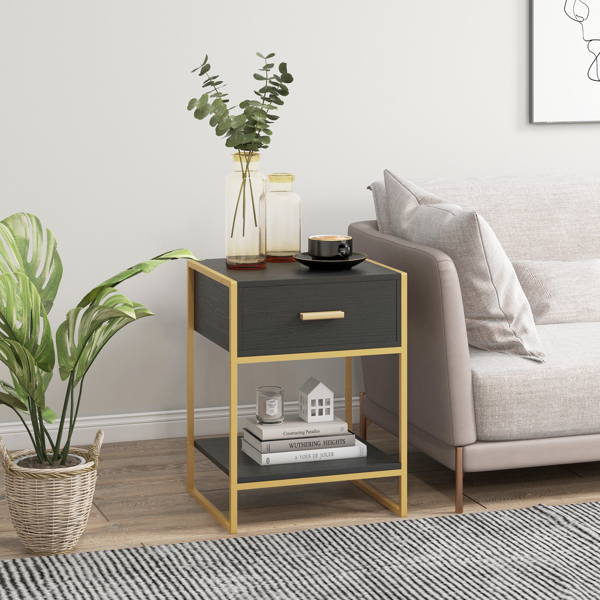 Modern Nightstand Set Of 2, Small Bedside Table with Drawer, Shelf and Steel Frame for Bedroom, Black-Home Furnishings > Bedroom Furniture > Bedside Tables-DECOROLALA
