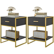 Modern Nightstand Set Of 2, Small Bedside Table with Drawer, Shelf and Steel Frame for Bedroom, Black-Home Furnishings > Bedroom Furniture > Bedside Tables-DECOROLALA