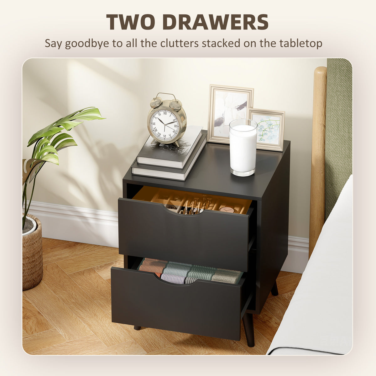 Modern Nightstand Set of 2 - 2-Drawer Bedside Table Black-Home Furnishings > Bedroom Furniture > Bedside Tables-DECOROLALA