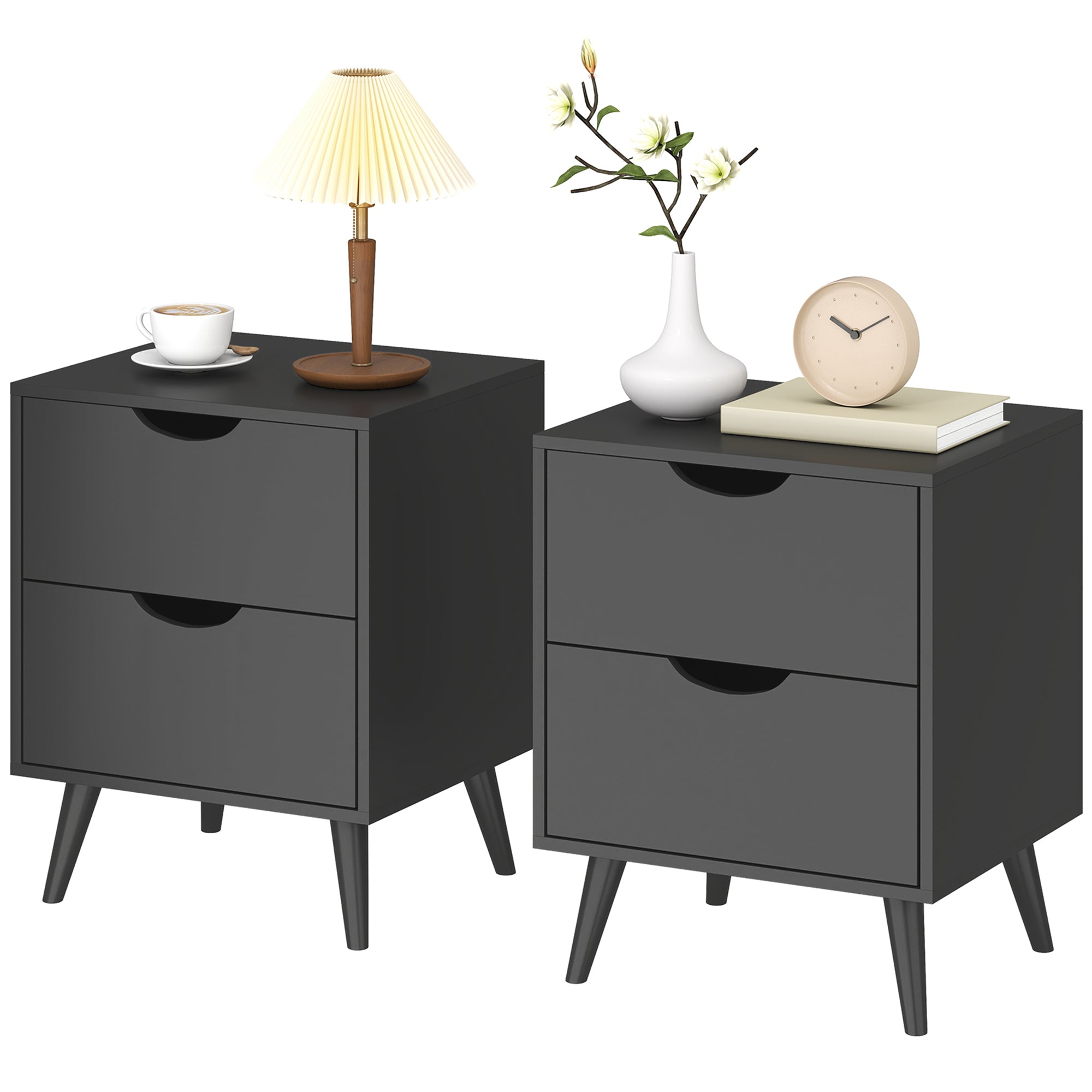 Modern Nightstand Set of 2 - 2-Drawer Bedside Table Black-Home Furnishings > Bedroom Furniture > Bedside Tables-DECOROLALA