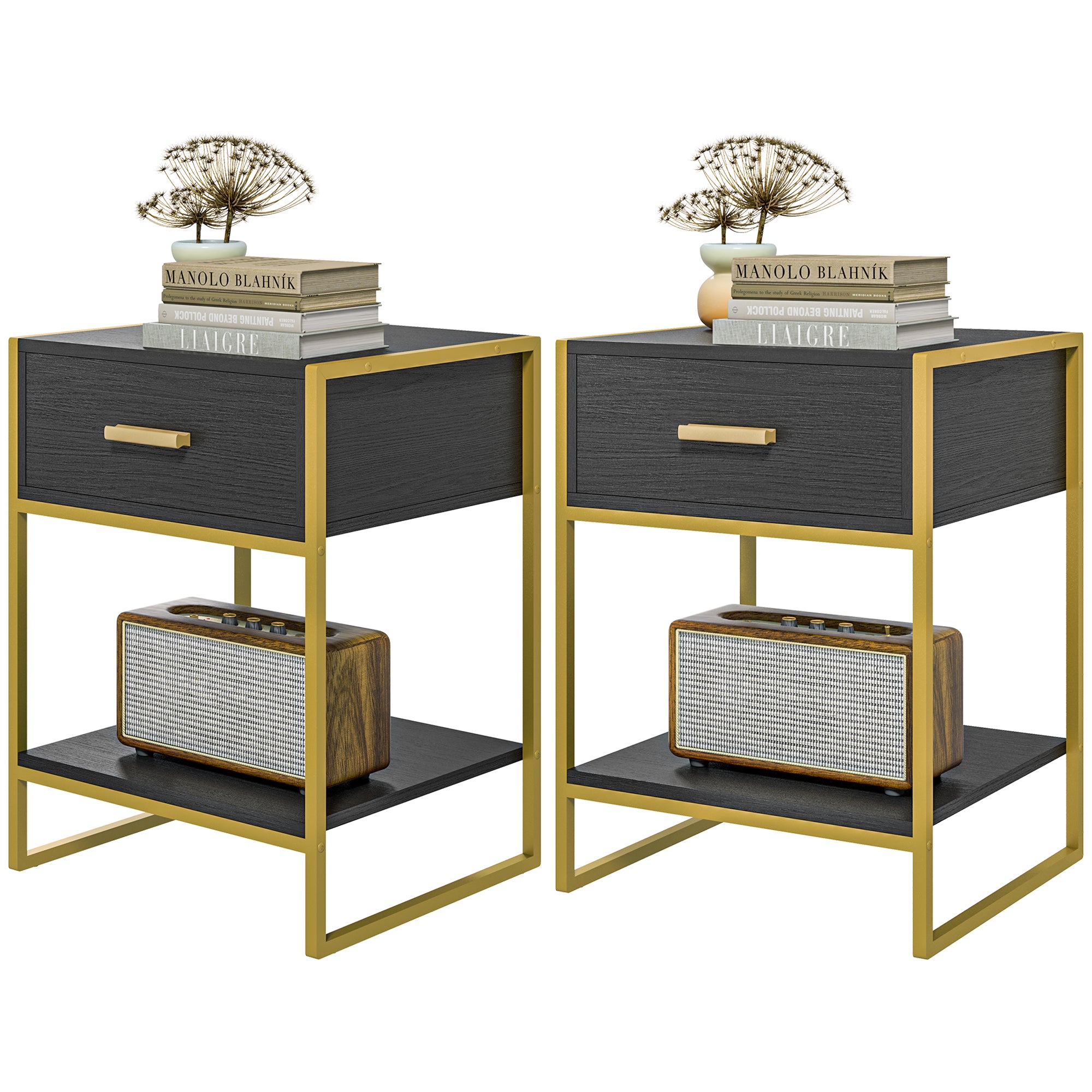 Modern Nightstand Set of 2 - Black Bedside Tables with Drawer-Home Furnishings > Bedroom Furniture > Bedside Tables-DECOROLALA