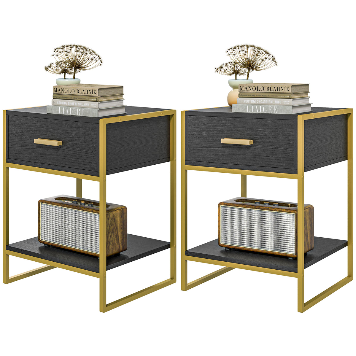 Modern Nightstand Set of 2 - Black Bedside Tables with Drawer-Nightstands-DECOROLALA