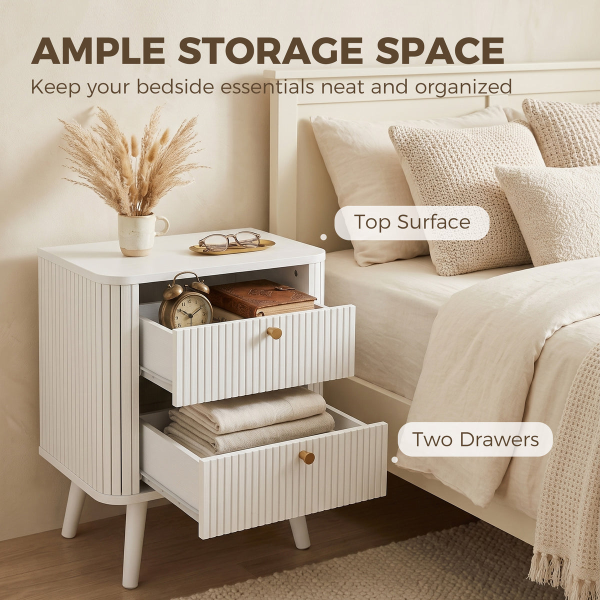 Modern Nightstand Set of 2 - White Wood Grain 2-Drawer Table-Home Furnishings > Bedroom Furniture > Bedside Tables-DECOROLALA