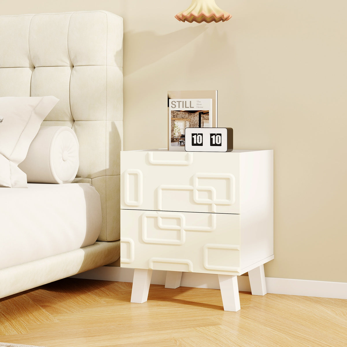Modern Nightstand Side Table with Drawers and 3D Geometric Patterns-White-Nightstands-DECOROLALA