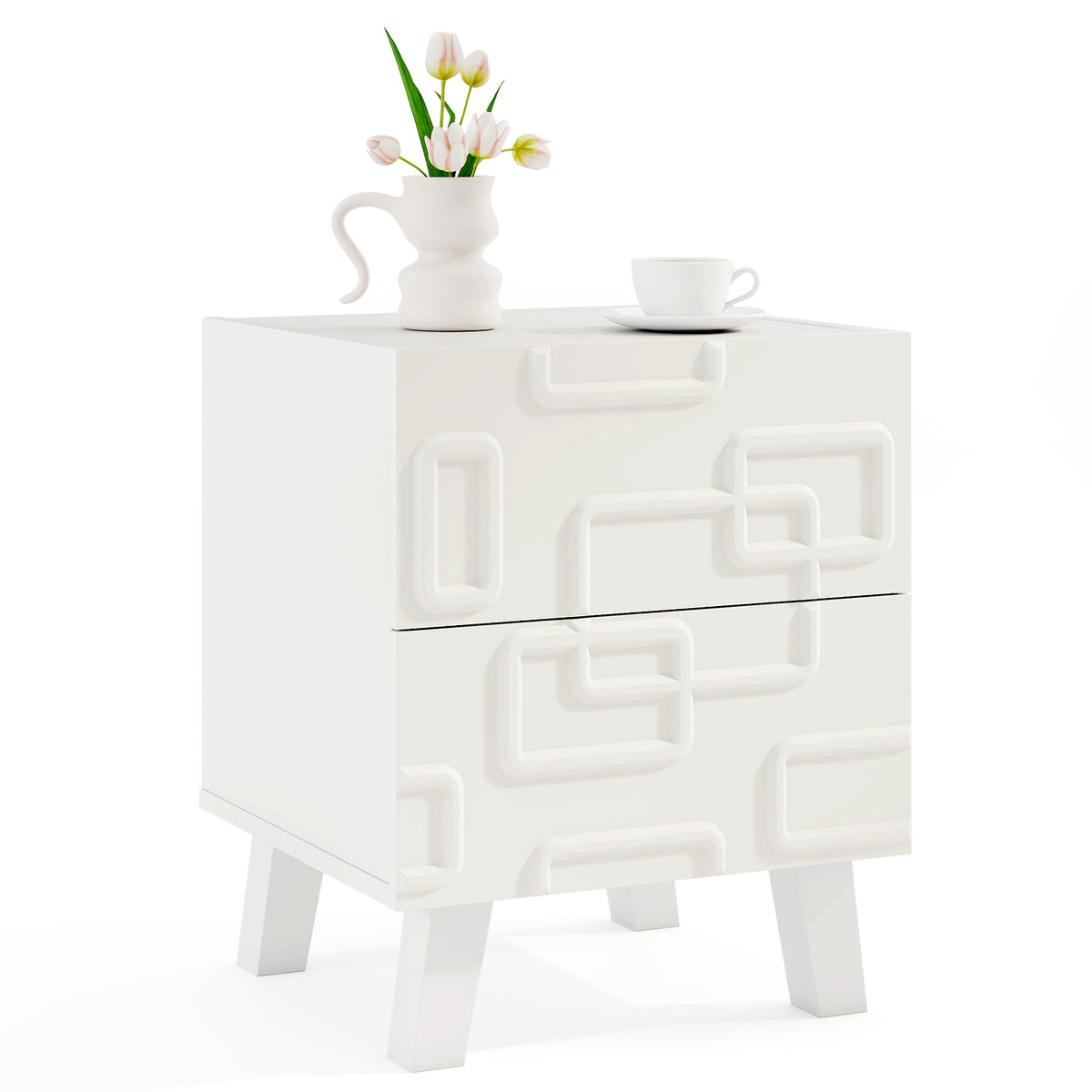 Modern Nightstand Side Table with Drawers and 3D Geometric Patterns-White-Nightstands-DECOROLALA