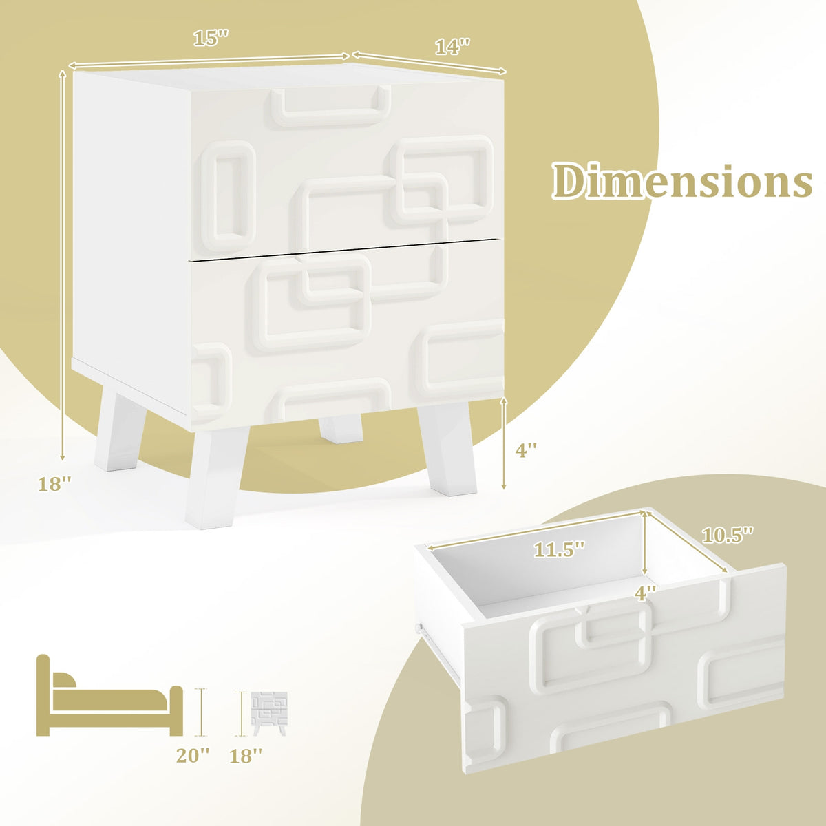Modern Nightstand Side Table with Drawers and 3D Geometric Patterns-White-Nightstands-DECOROLALA