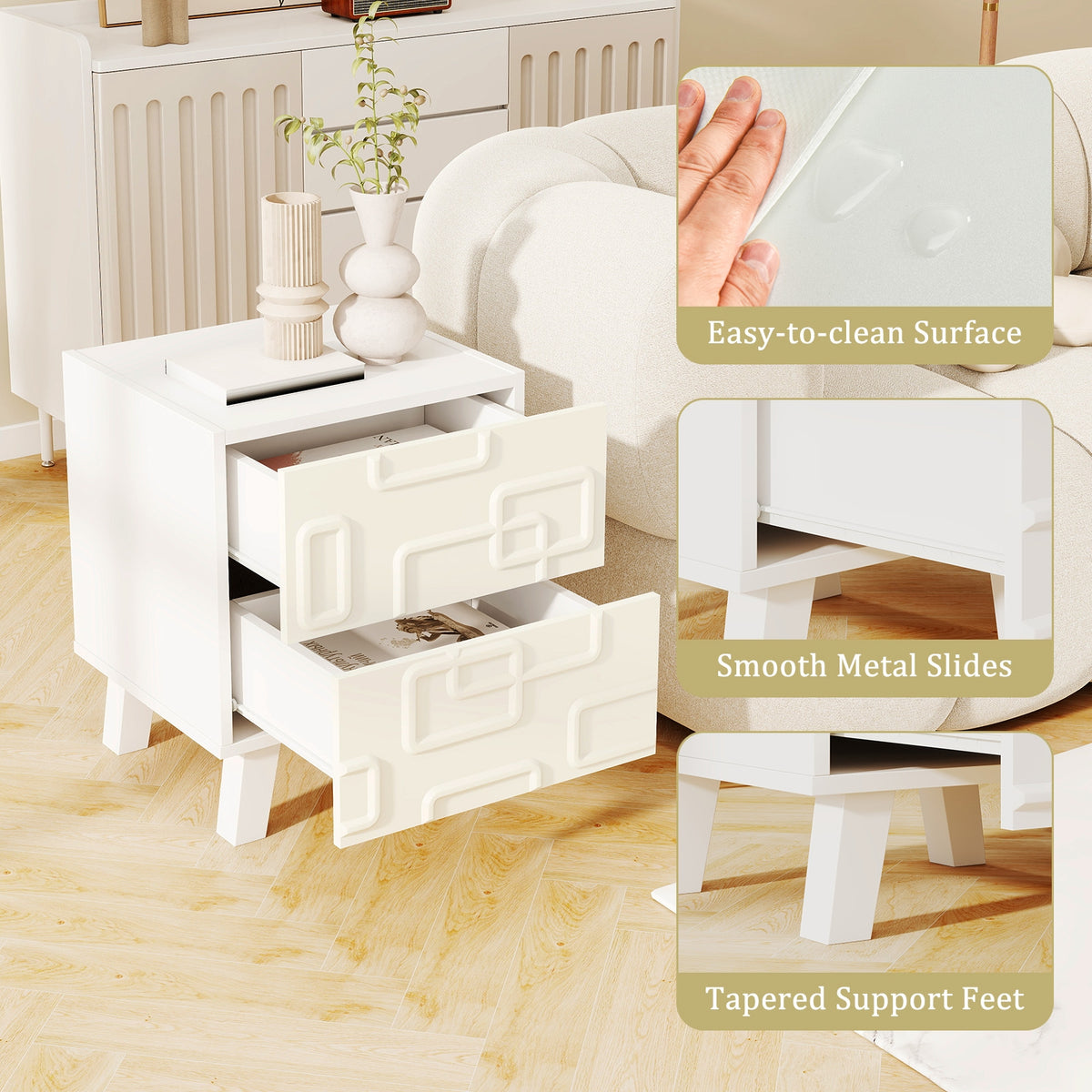 Modern Nightstand Side Table with Drawers and 3D Geometric Patterns-White-Nightstands-DECOROLALA