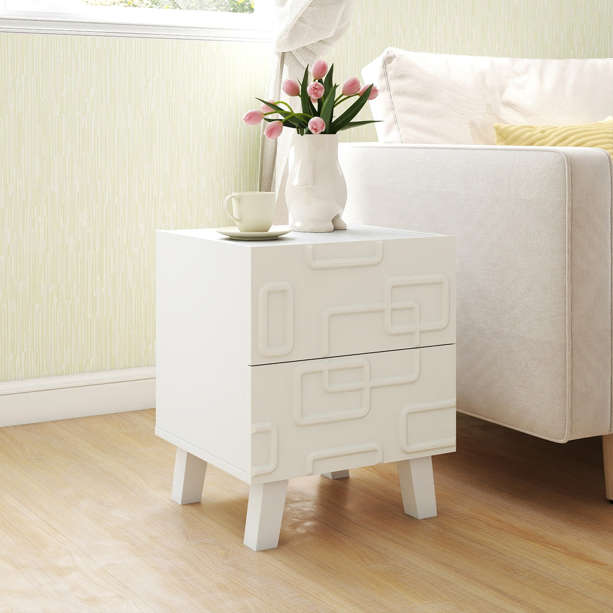 Modern Nightstand Side Table with Drawers and 3D Geometric Patterns-White-Nightstands-DECOROLALA