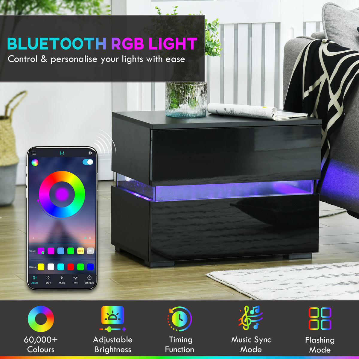 Modern Nightstand with 2 Drawers and RGB LED Lights - Black-Home Furnishings > Bedroom Furniture > Bedside Tables-DECOROLALA