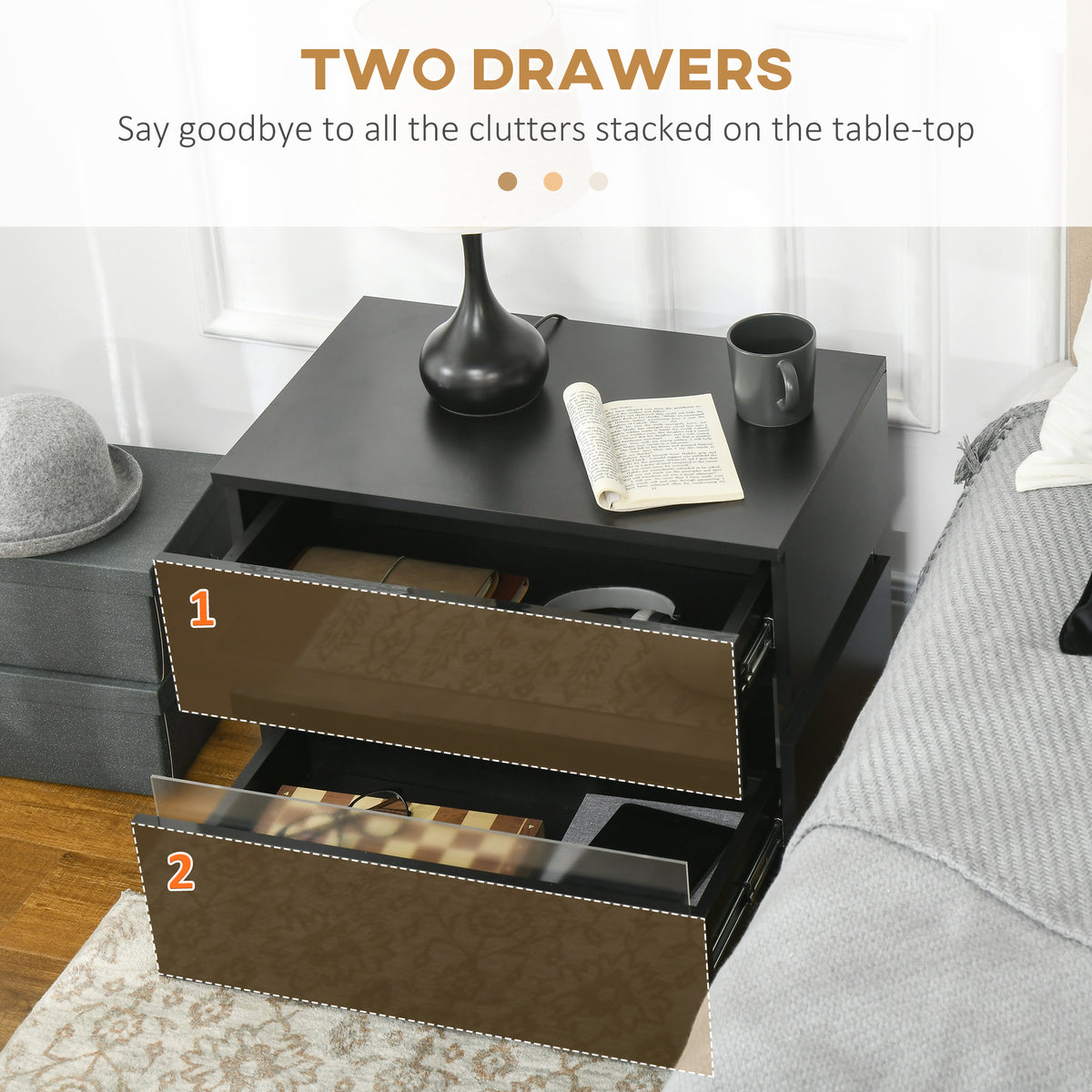Modern Nightstand with 2 Drawers and RGB LED Lights - Black-Home Furnishings > Bedroom Furniture > Bedside Tables-DECOROLALA