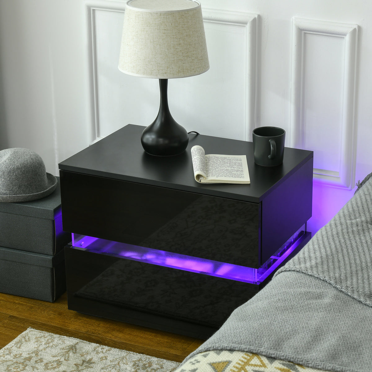 Modern Nightstand with 2 Drawers and RGB LED Lights - Black-Home Furnishings > Bedroom Furniture > Bedside Tables-DECOROLALA